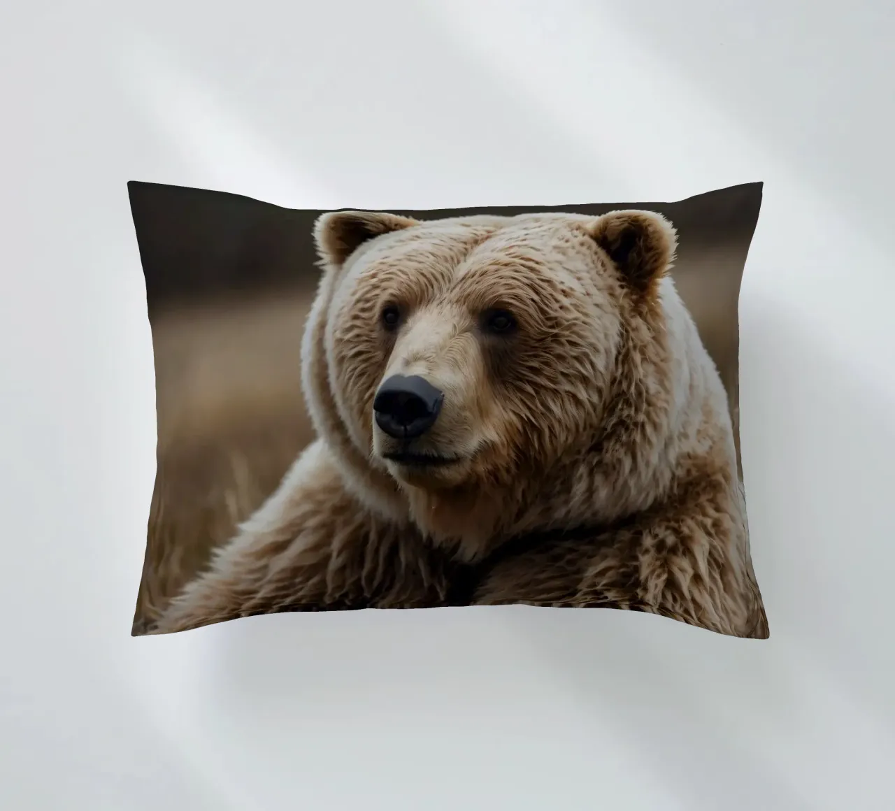 Vue rapprochée d'un ours brun se reposant dans un champ herbeux. coussin de DesignDoodle
