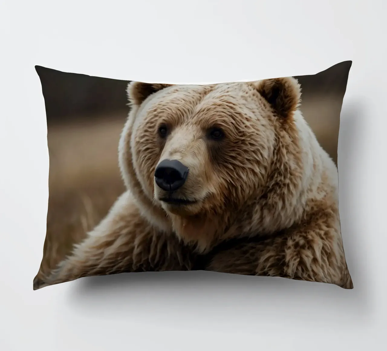 Vue rapprochée d'un ours brun se reposant dans un champ herbeux. coussin de DesignDoodle