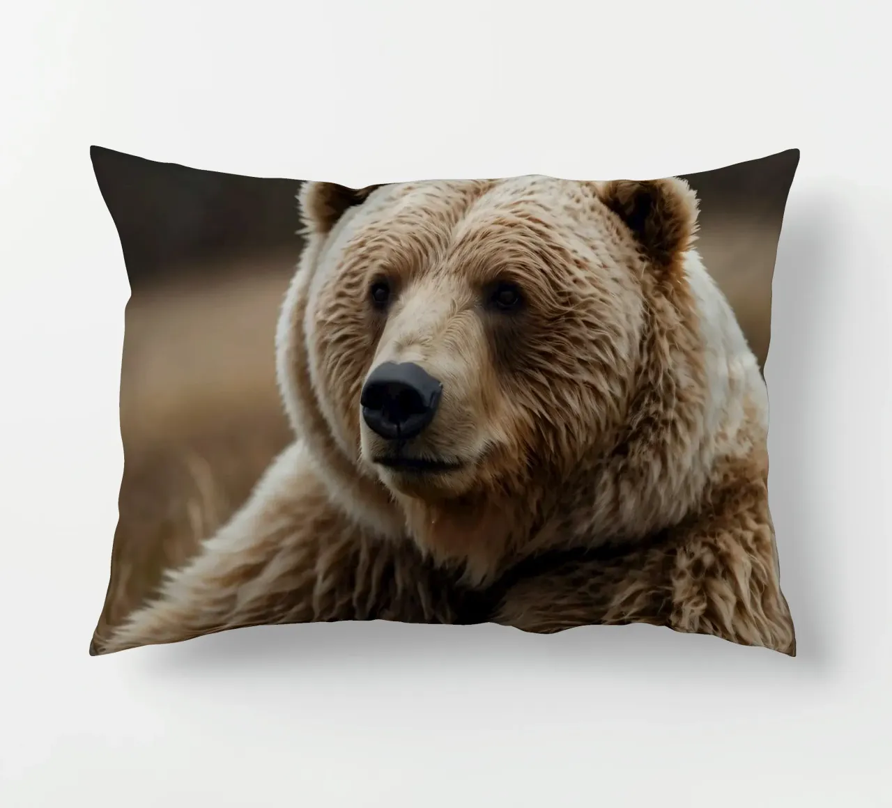 Vue rapprochée d'un ours brun se reposant dans un champ herbeux. coussin de DesignDoodle