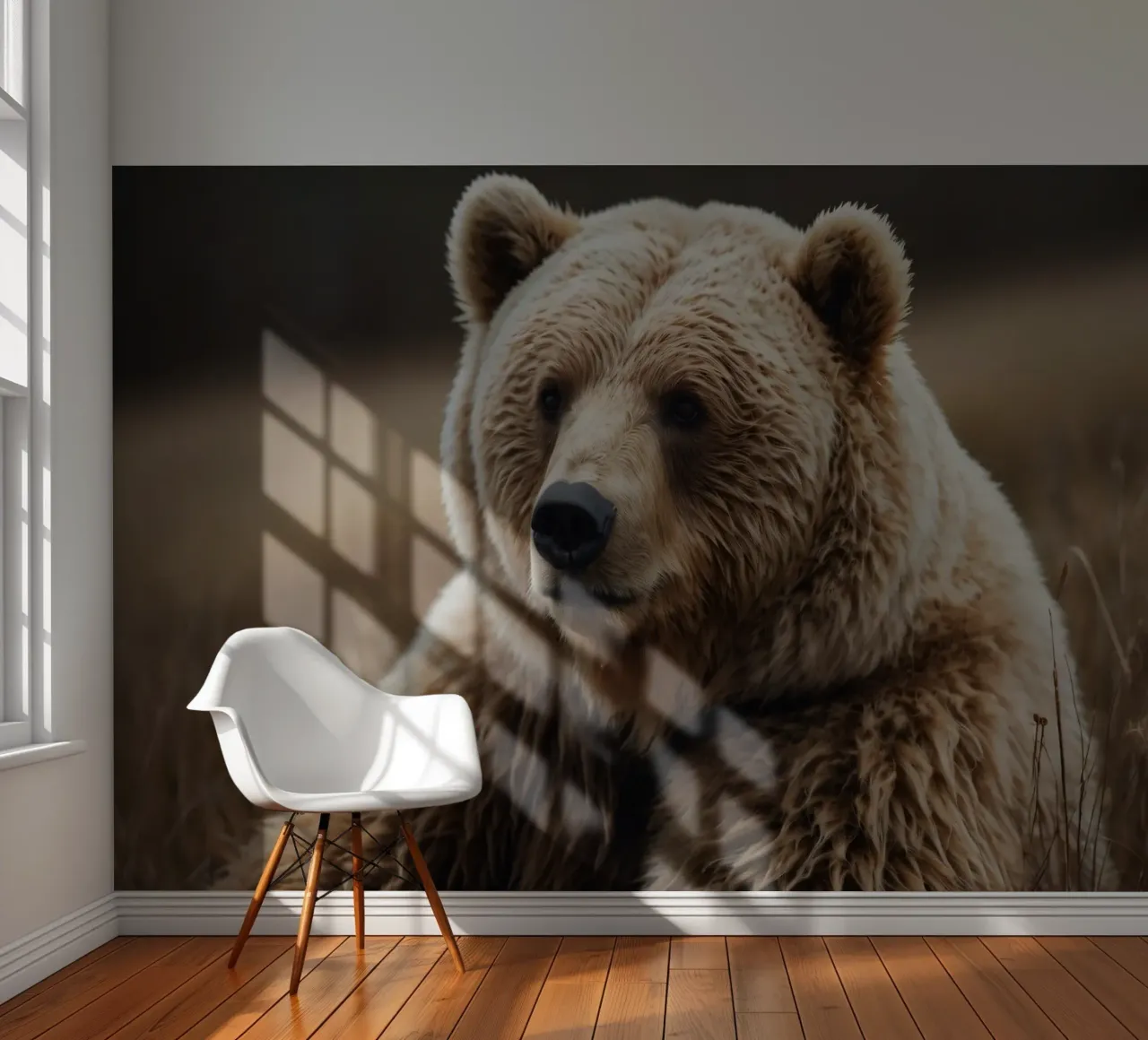 Vue rapprochée d'un ours brun se reposant dans un champ herbeux. papier peint photo de DesignDoodle