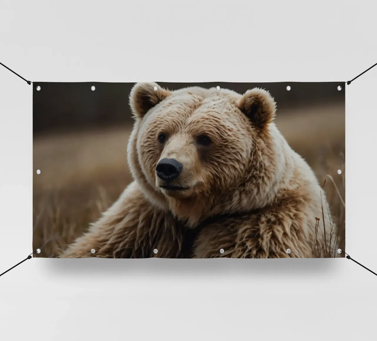 Vue rapprochée d'un ours brun se reposant dans un champ herbeux. bâche pvc de DesignDoodle