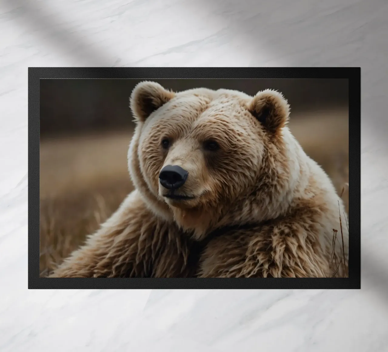 A close-up view of a brown bear resting in a grassy field doormat by DesignDoodle