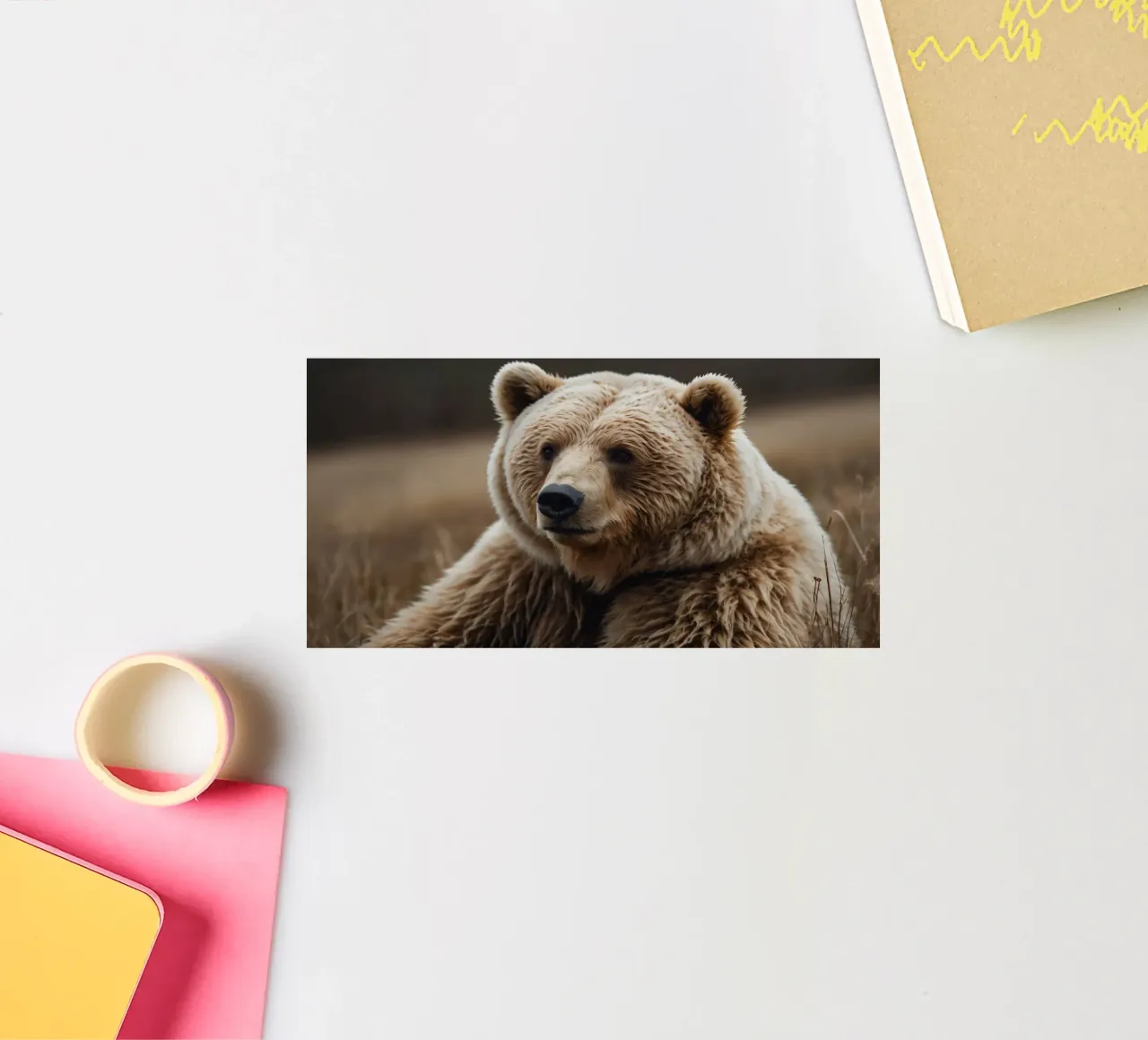 Vue rapprochée d'un ours brun se reposant dans un champ herbeux. autocollant de DesignDoodle