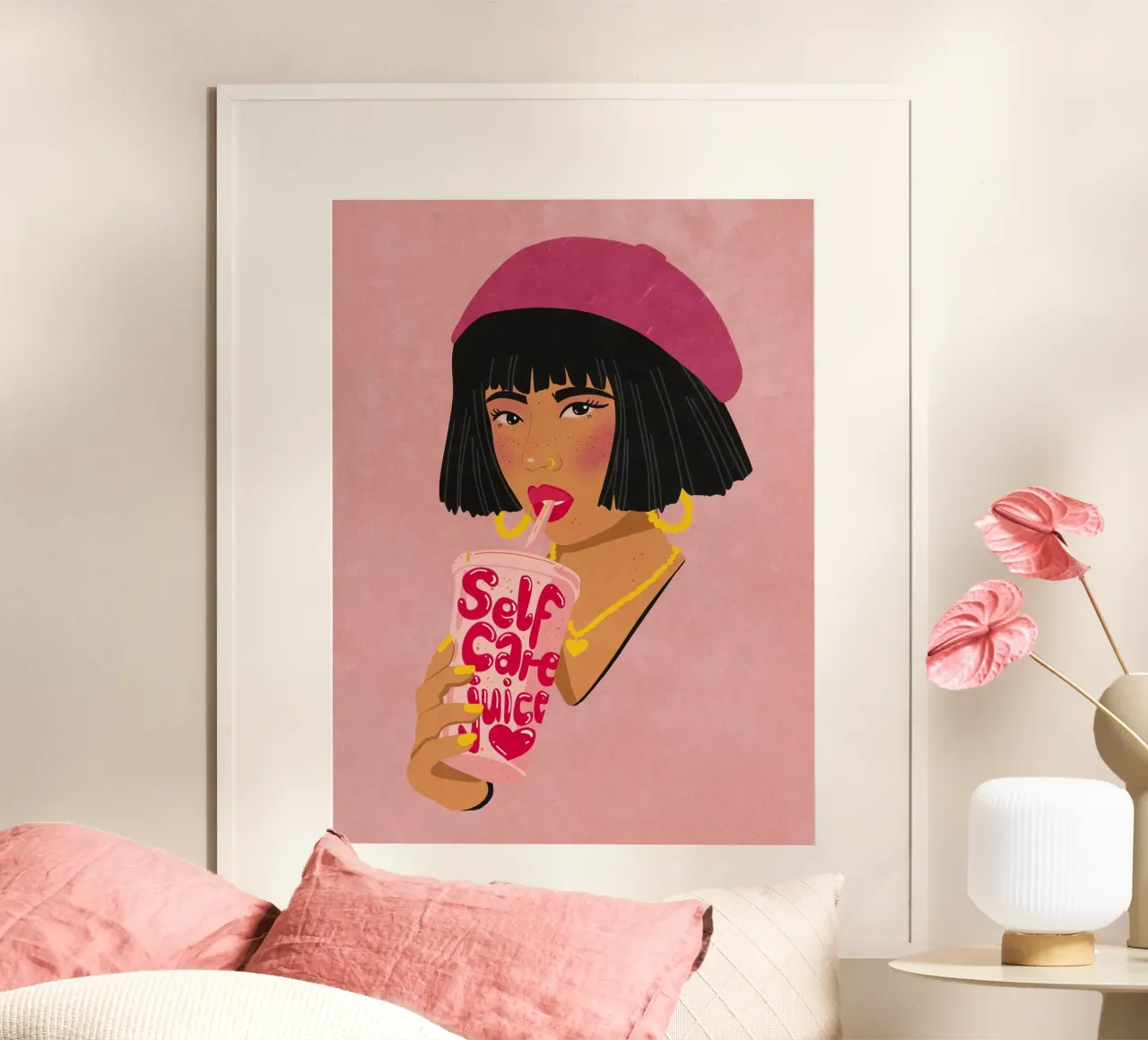 Girl with Self Care Juice poster con telaio in plastica da Illustration Raissa Oltmanns