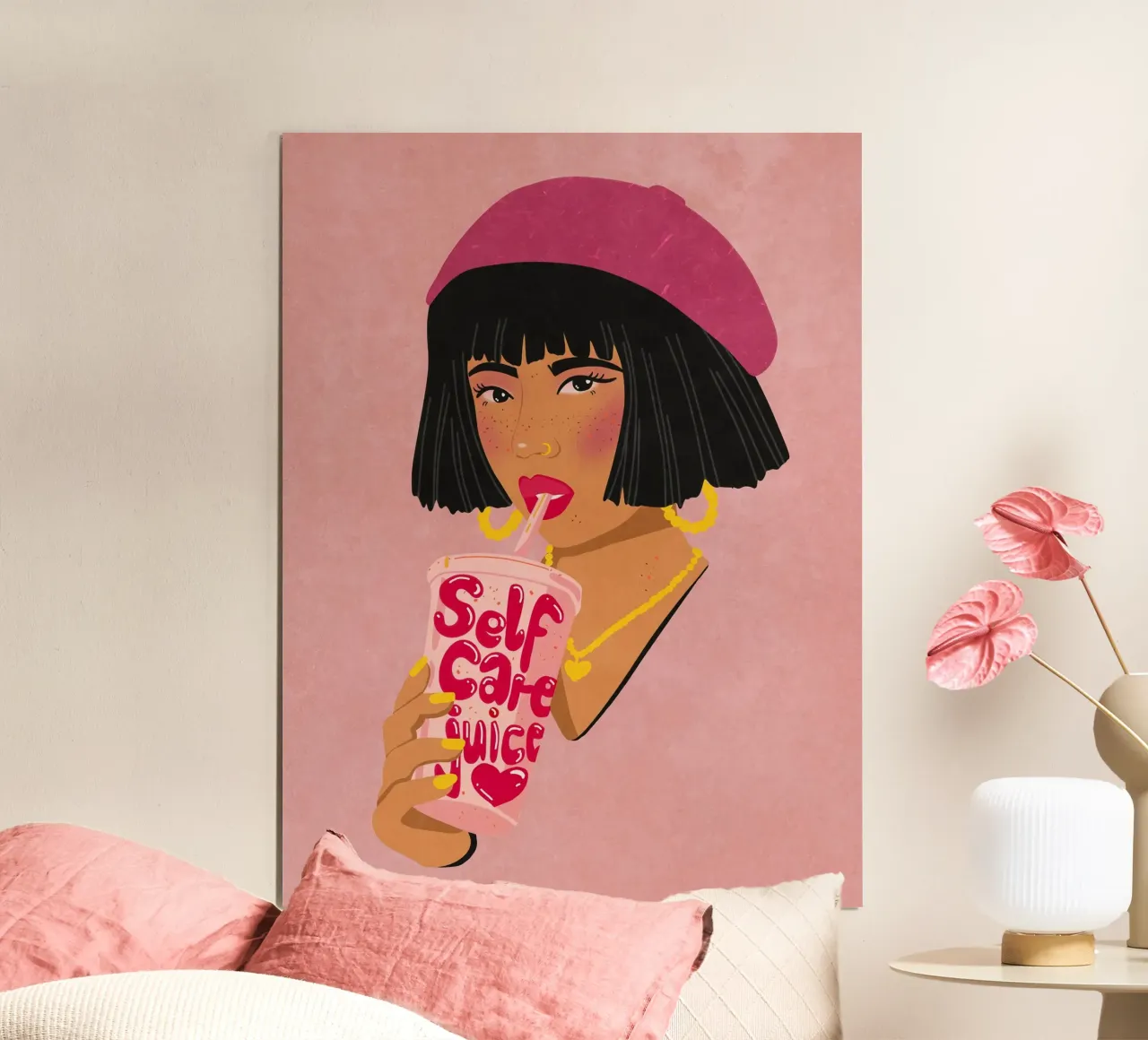 Girl with Self Care Juice poster con telaio in plastica da Illustration Raissa Oltmanns