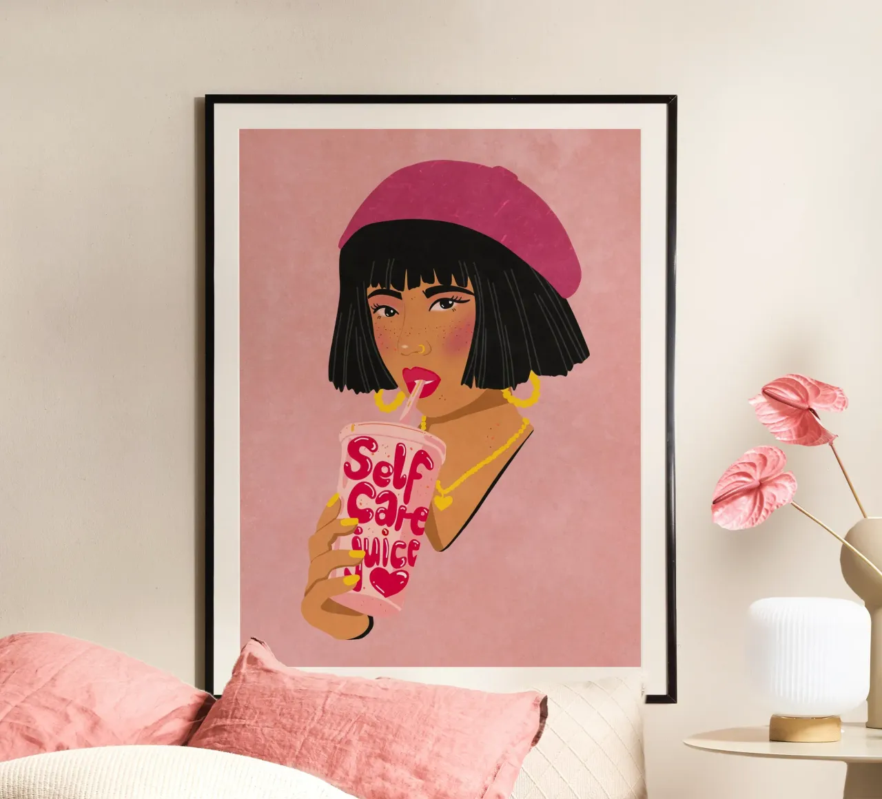 Girl with Self Care Juice poster con telaio in plastica da Illustration Raissa Oltmanns