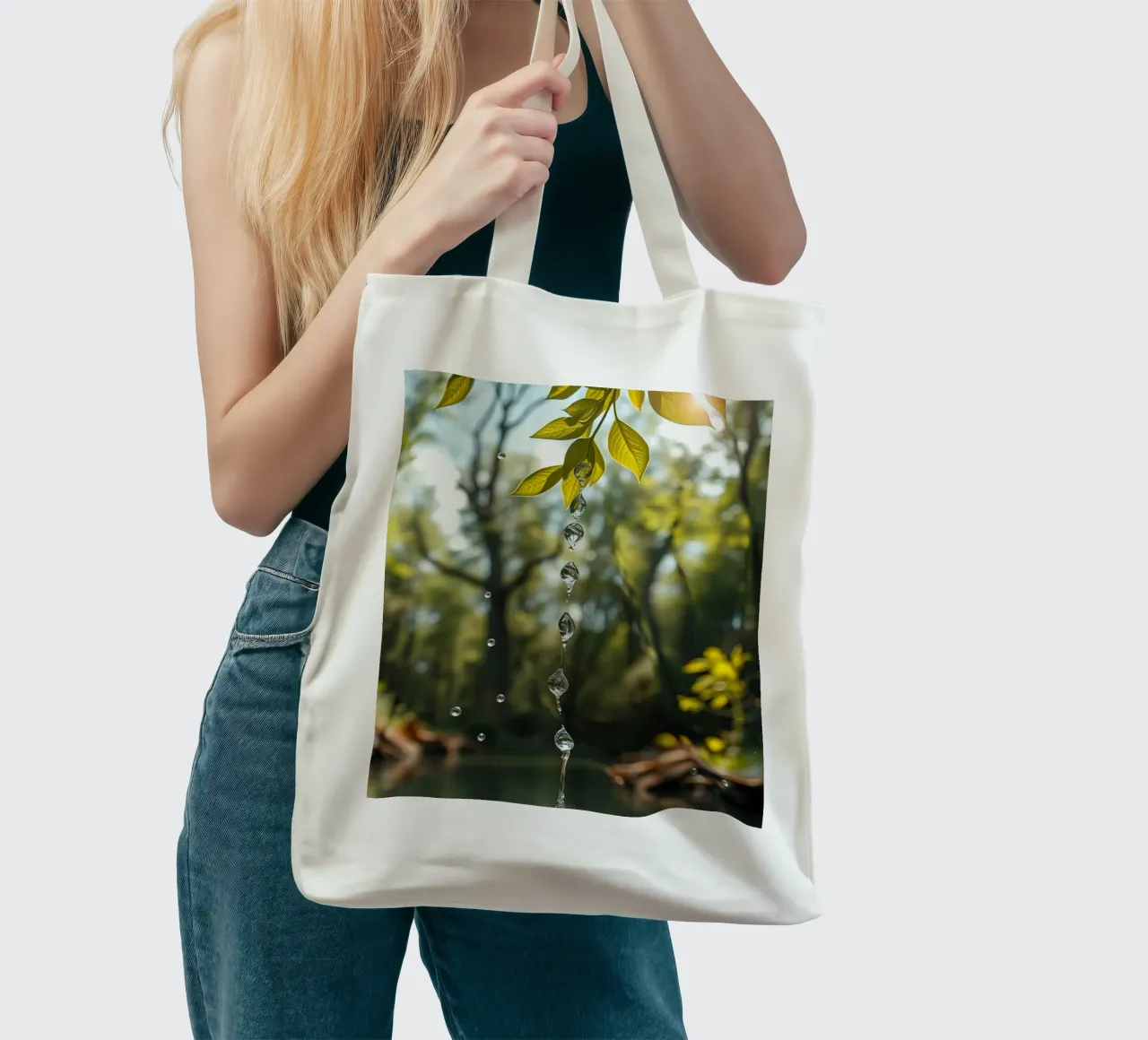 Acqua che cade da una foglia nella foresta borsa in juta da DesignDoodle