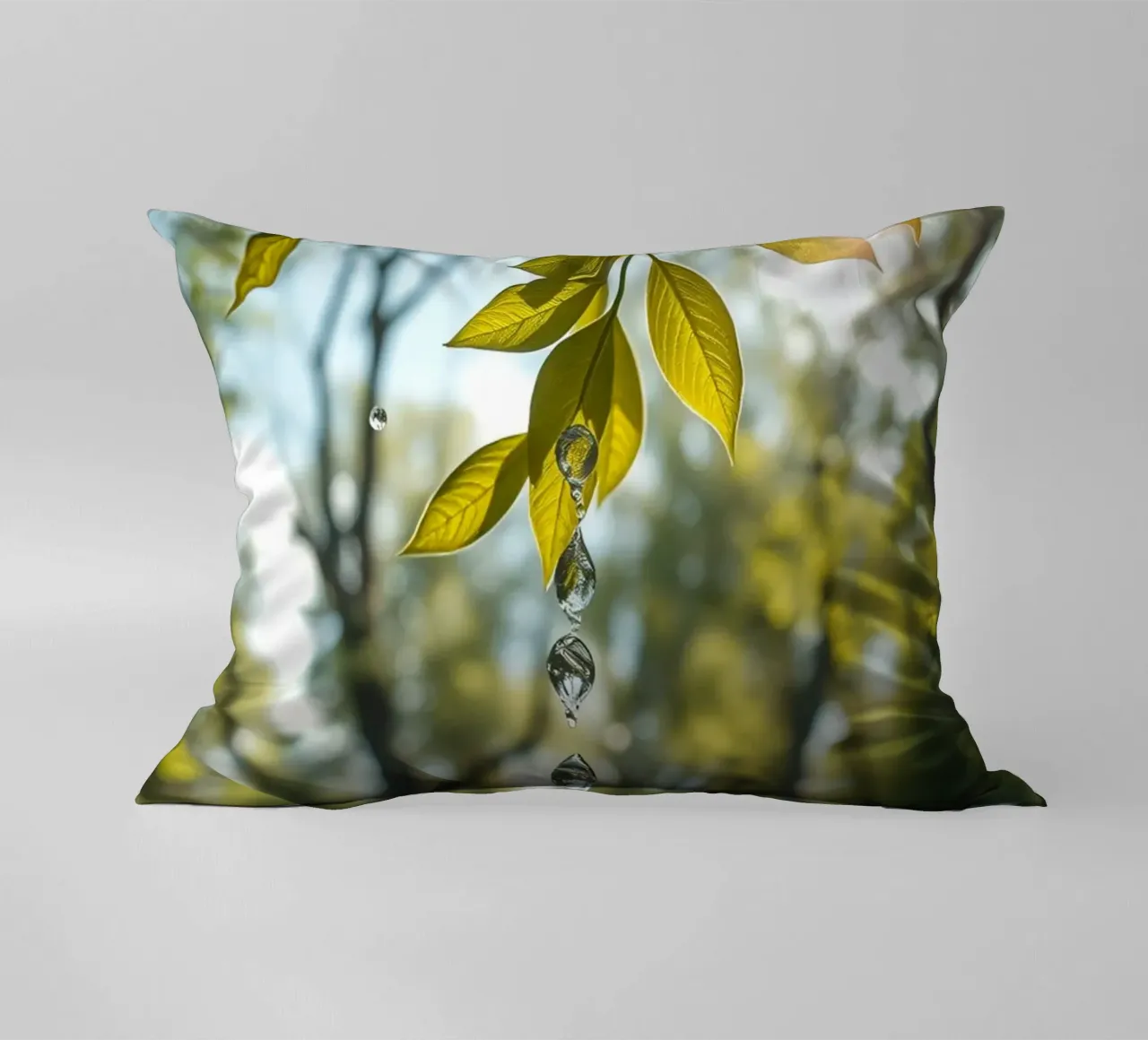 Water Dropping from a Leafs in forest decorative cushion by DesignDoodle