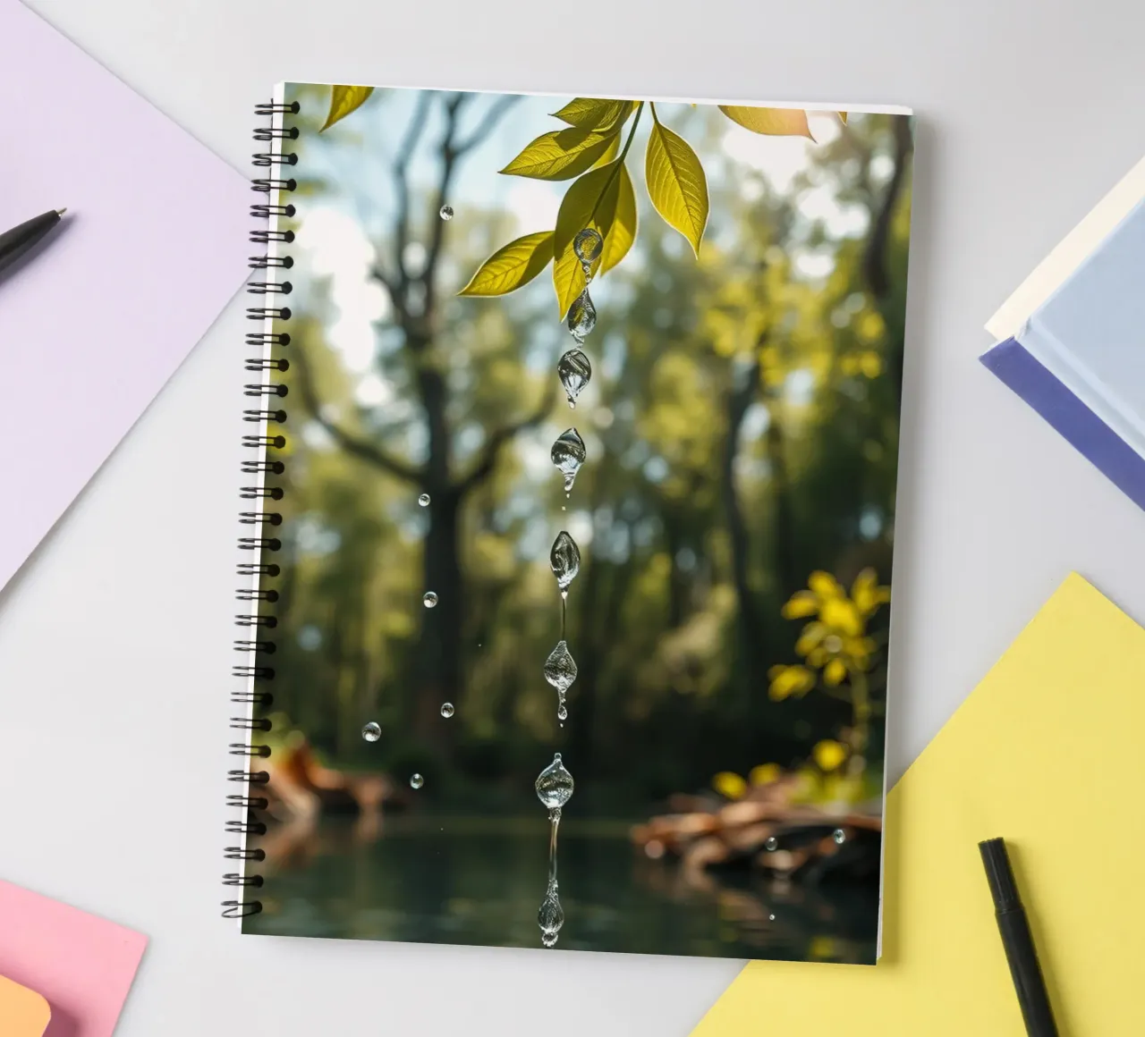 Water Dropping from a Leafs in forest spiral notebook by DesignDoodle