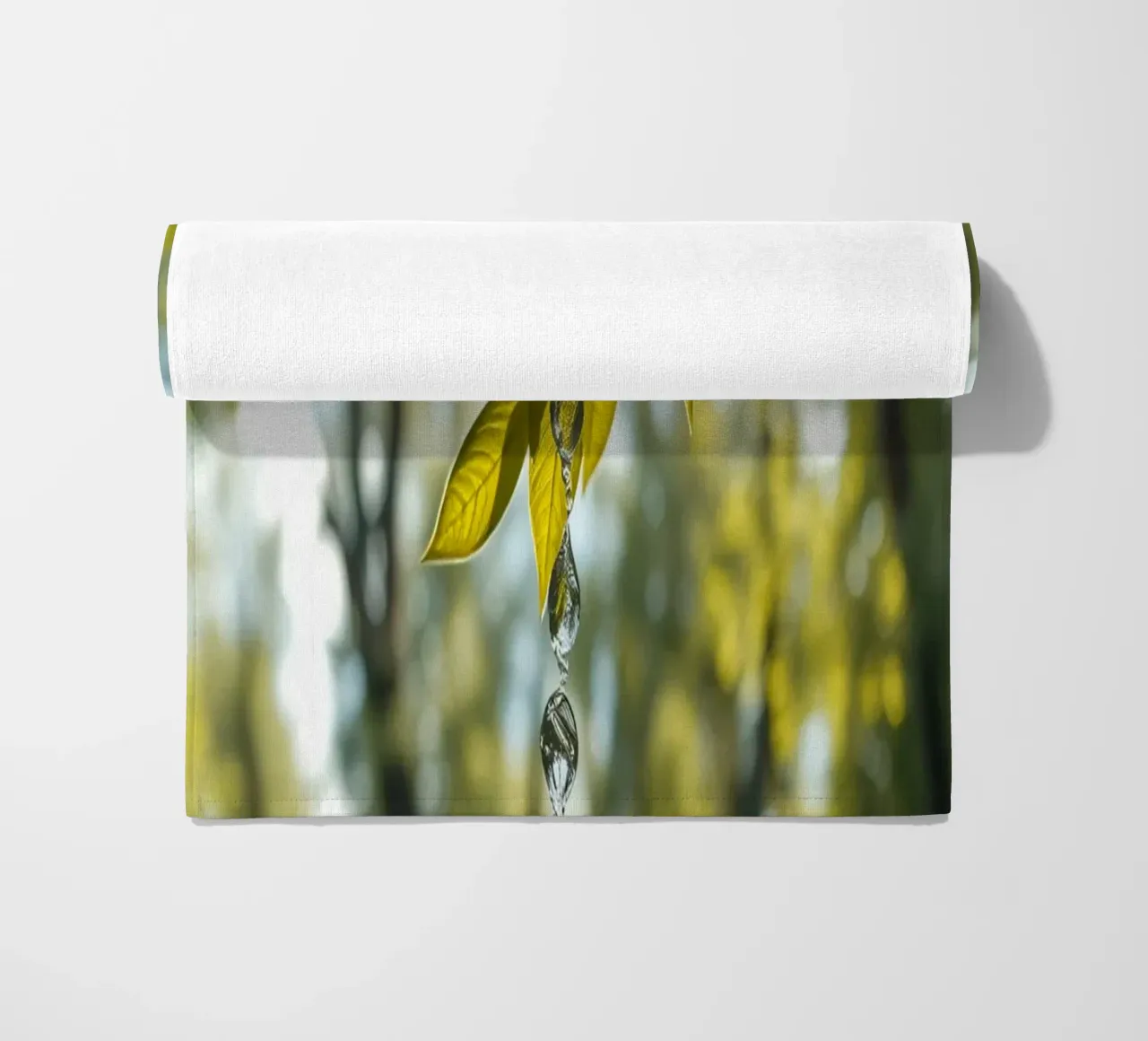 Water Dropping from a Leafs in forest beach towel by DesignDoodle