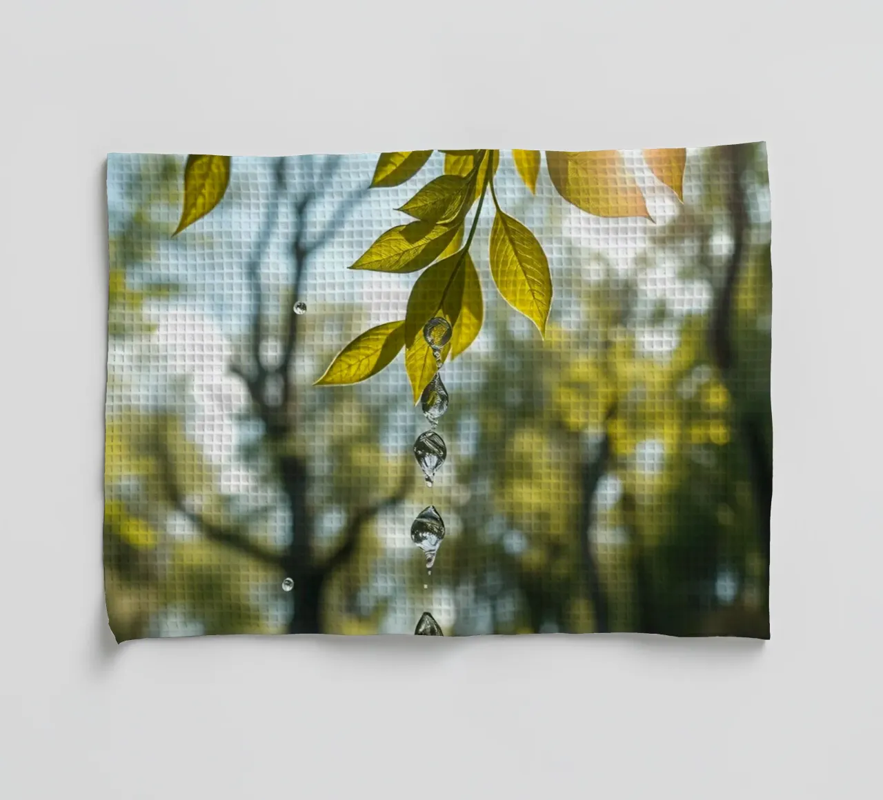 Water Dropping from a Leafs in forest tea towel by DesignDoodle