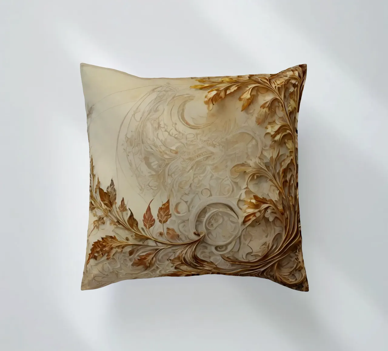 Intricate autumn foliage design with swirling patterns decorative cushion by DesignDoodle
