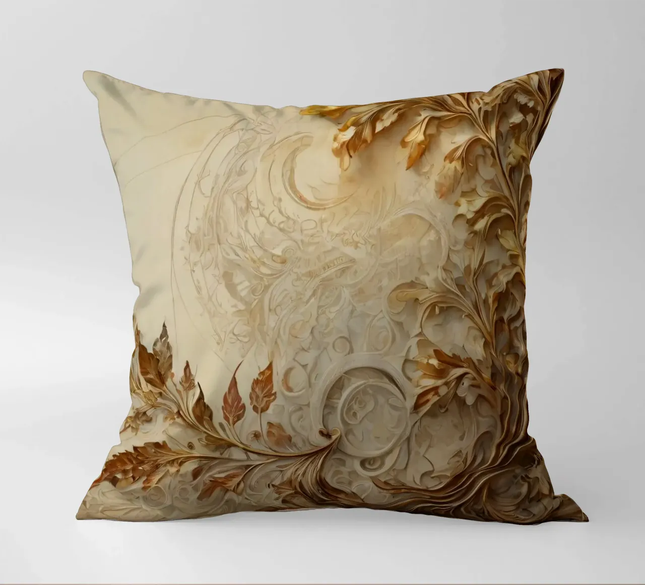 Intricate autumn foliage design with swirling patterns decorative cushion by DesignDoodle