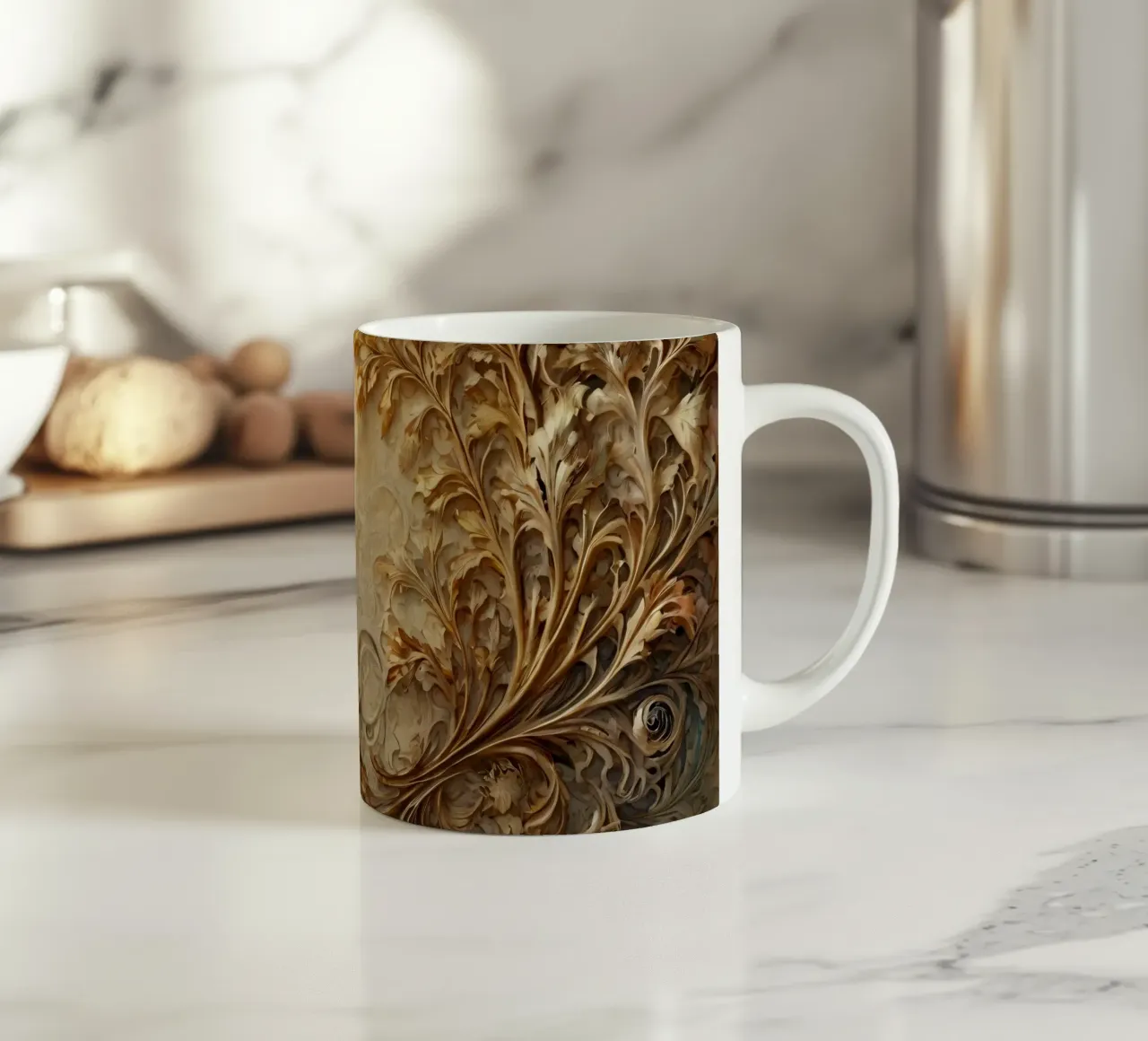 Intricate autumn foliage design with swirling patterns ceramic mug by DesignDoodle