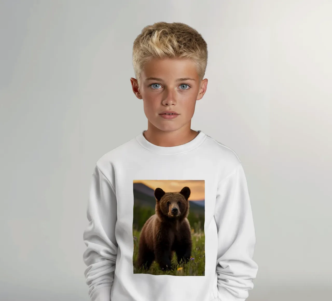 l'orso bruno esplora un prato ricco di fiori selvatici felpa bambino da DesignDoodle