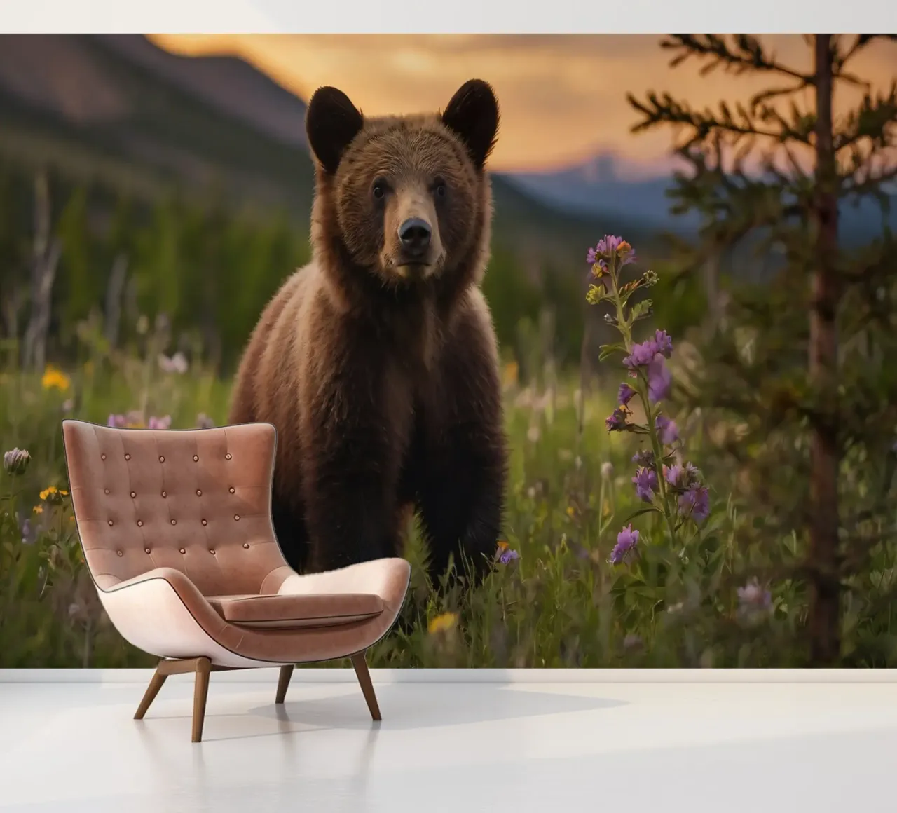 bruine beer verkent een levendige weide vol wilde bloemen fotobehang van DesignDoodle