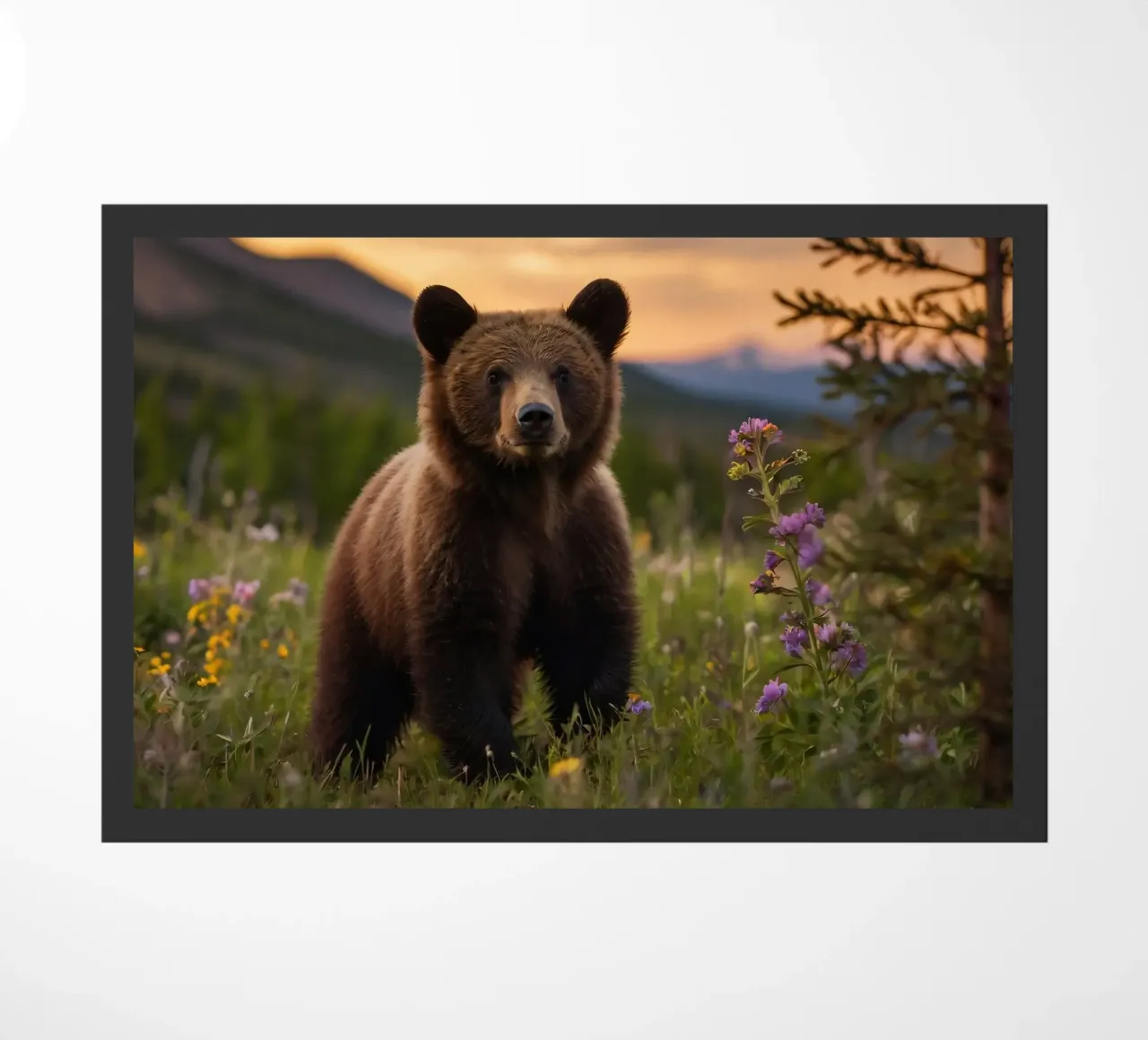 l'orso bruno esplora un prato ricco di fiori selvatici zerbino da DesignDoodle