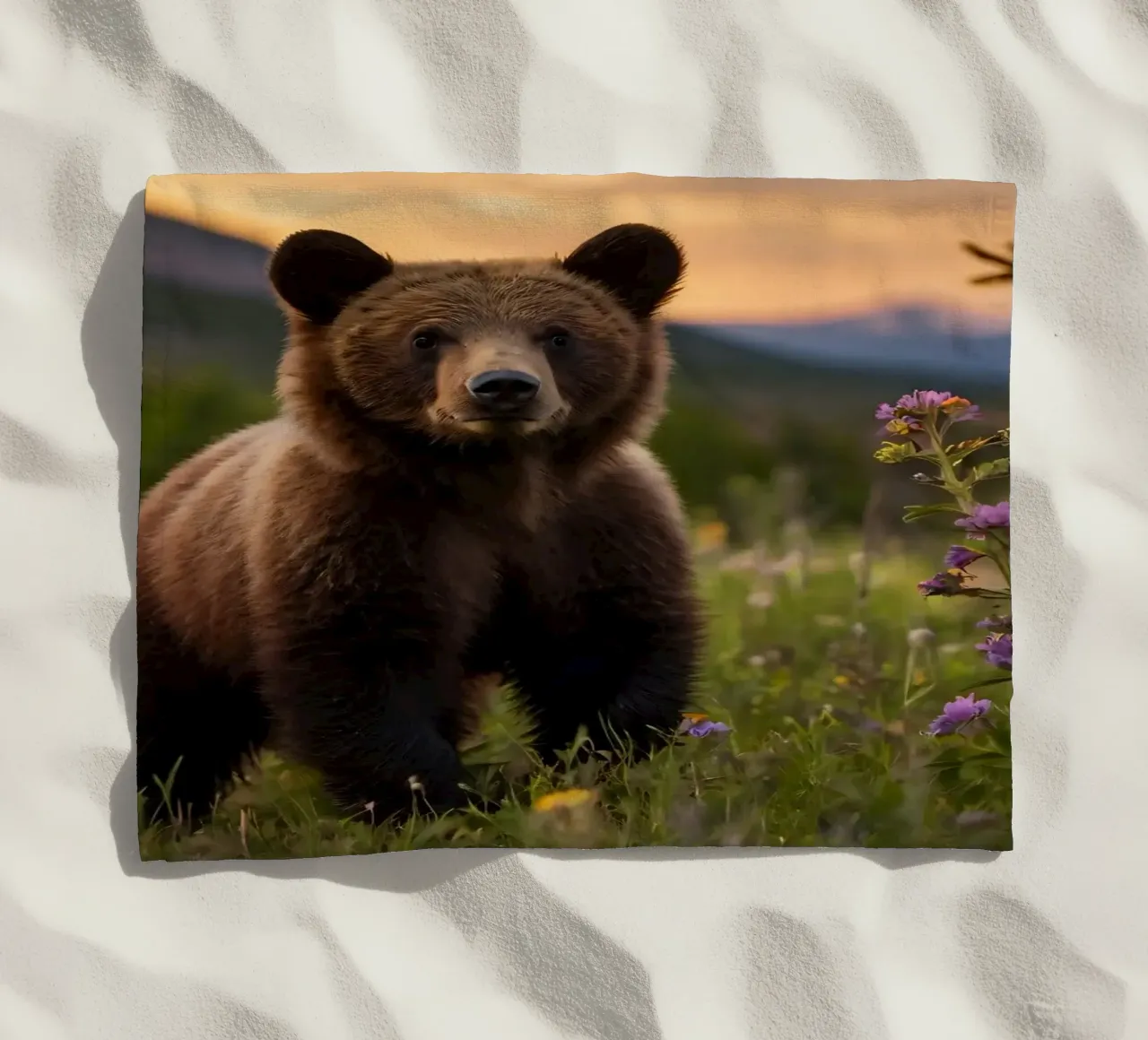 l'orso bruno esplora un prato ricco di fiori selvatici telo mare da DesignDoodle