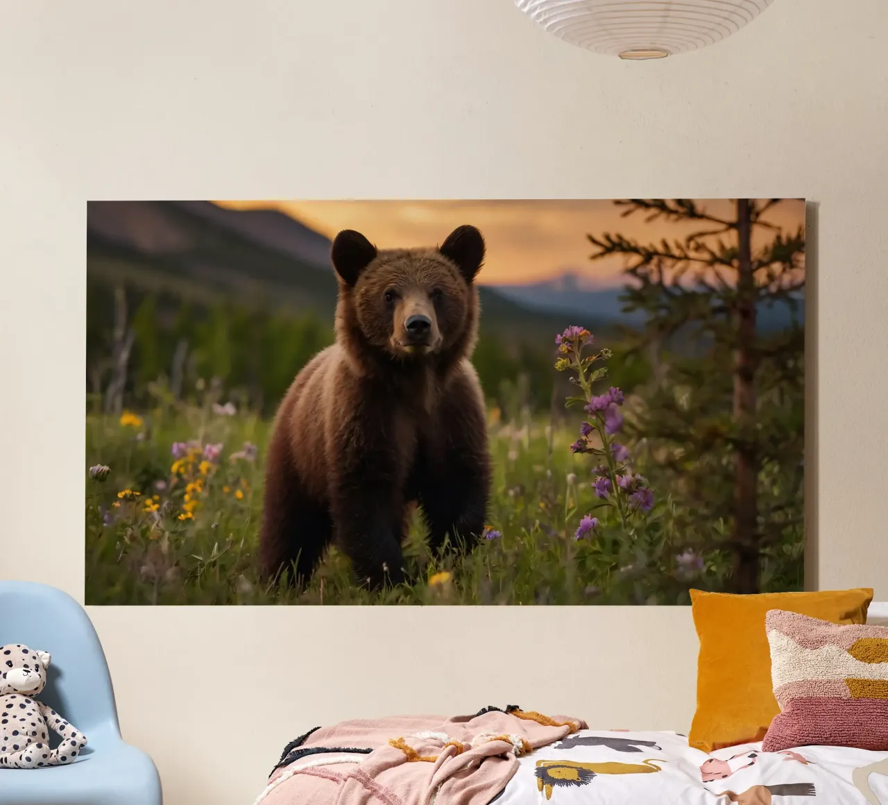 l'orso bruno esplora un prato ricco di fiori selvatici tela con Cornice a cassetta da DesignDoodle