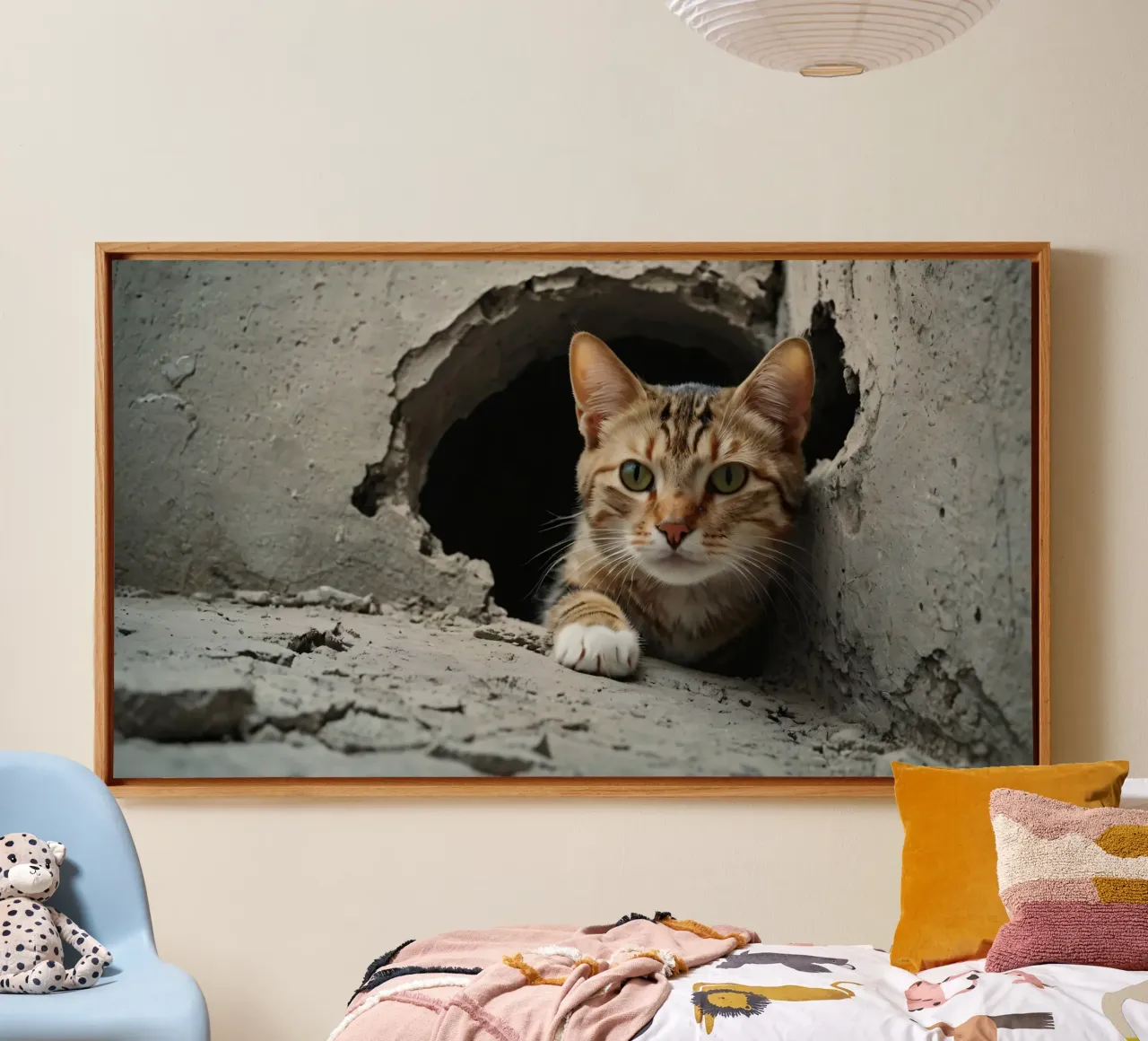 A curious cat peeks through a hole in the cracked concrete canvas by DesignDoodle