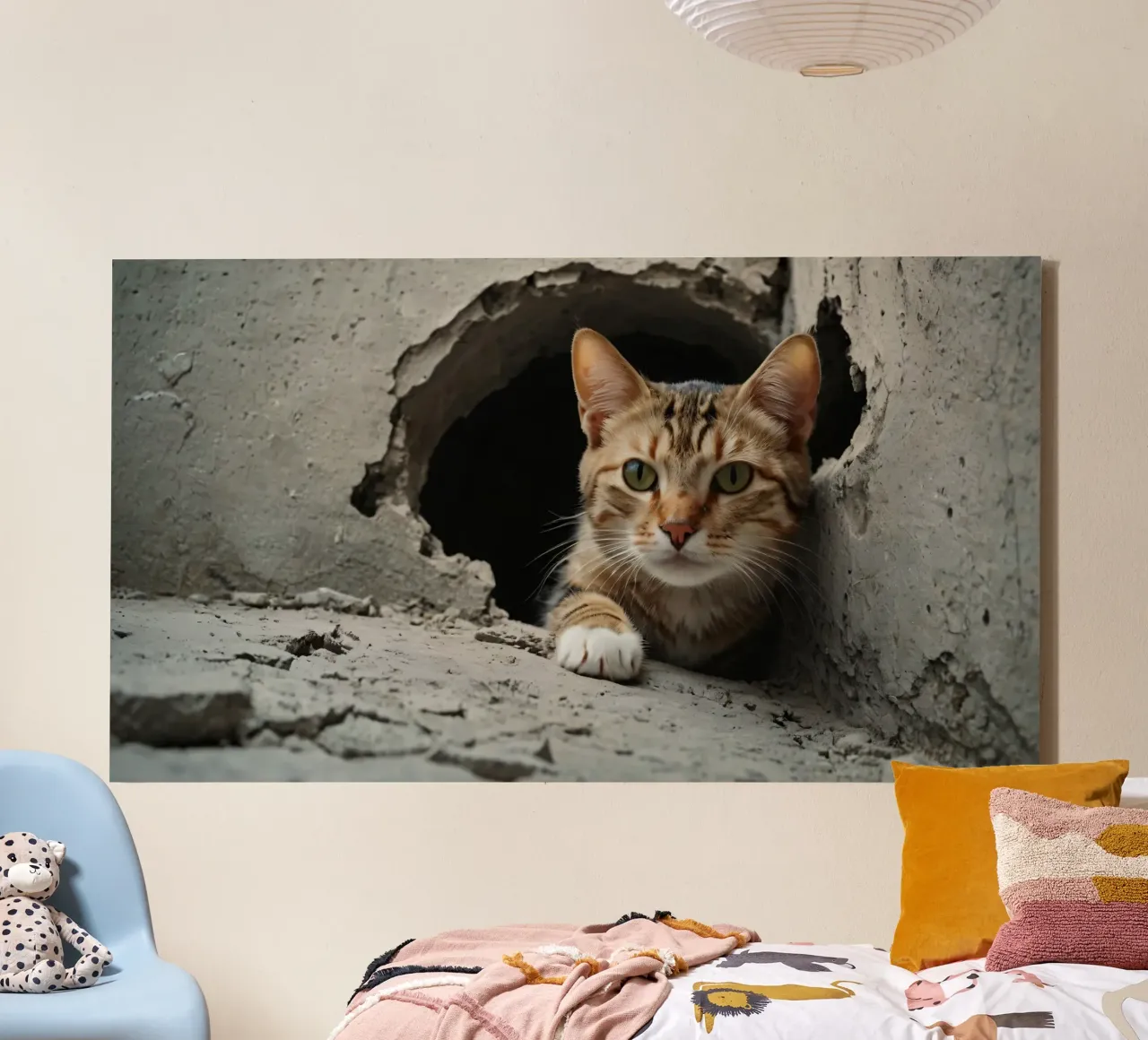 A curious cat peeks through a hole in the cracked concrete canvas by DesignDoodle