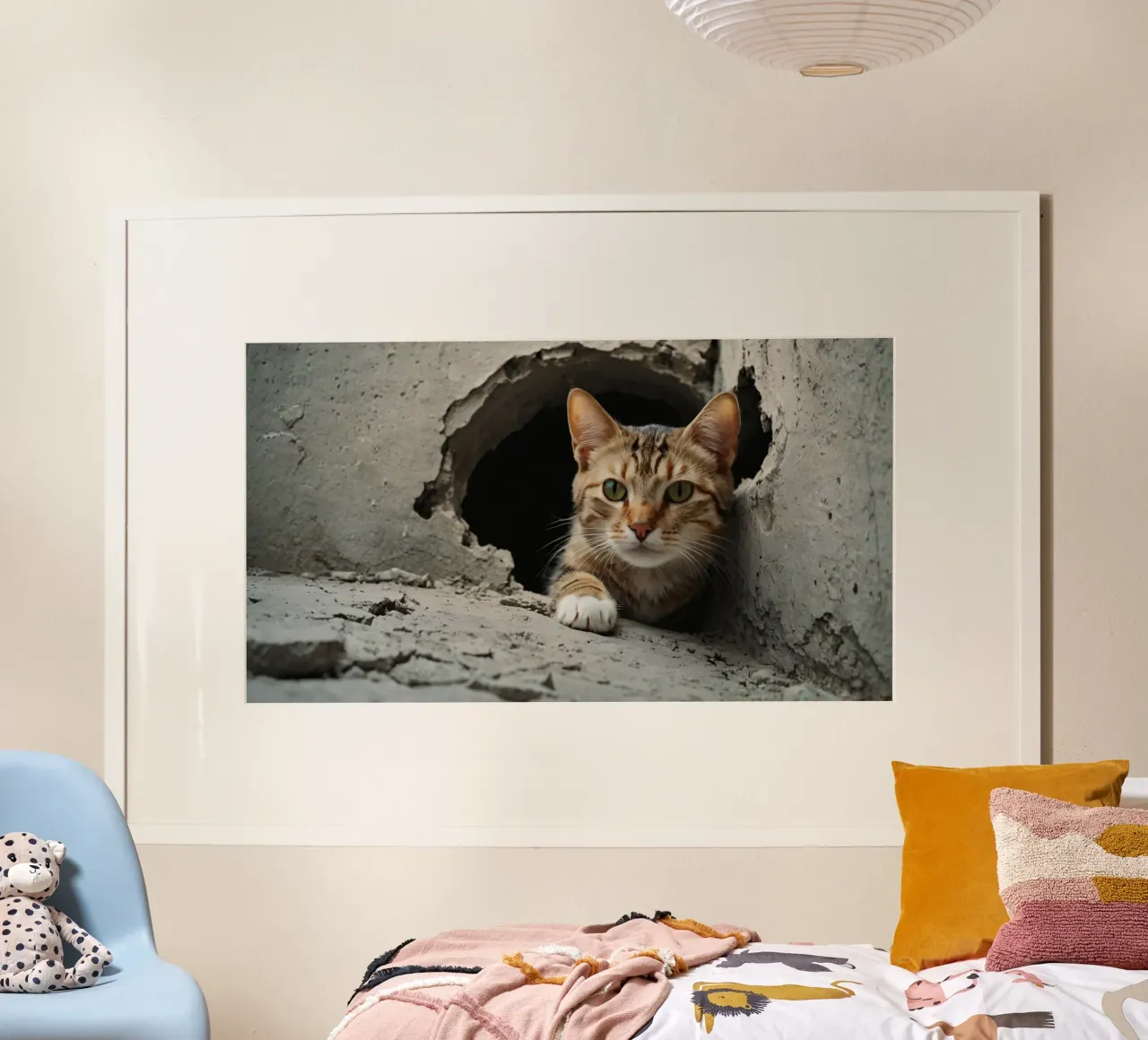 Un gatto curioso sbircia attraverso un buco nel calcestruzzo crepato poster da DesignDoodle