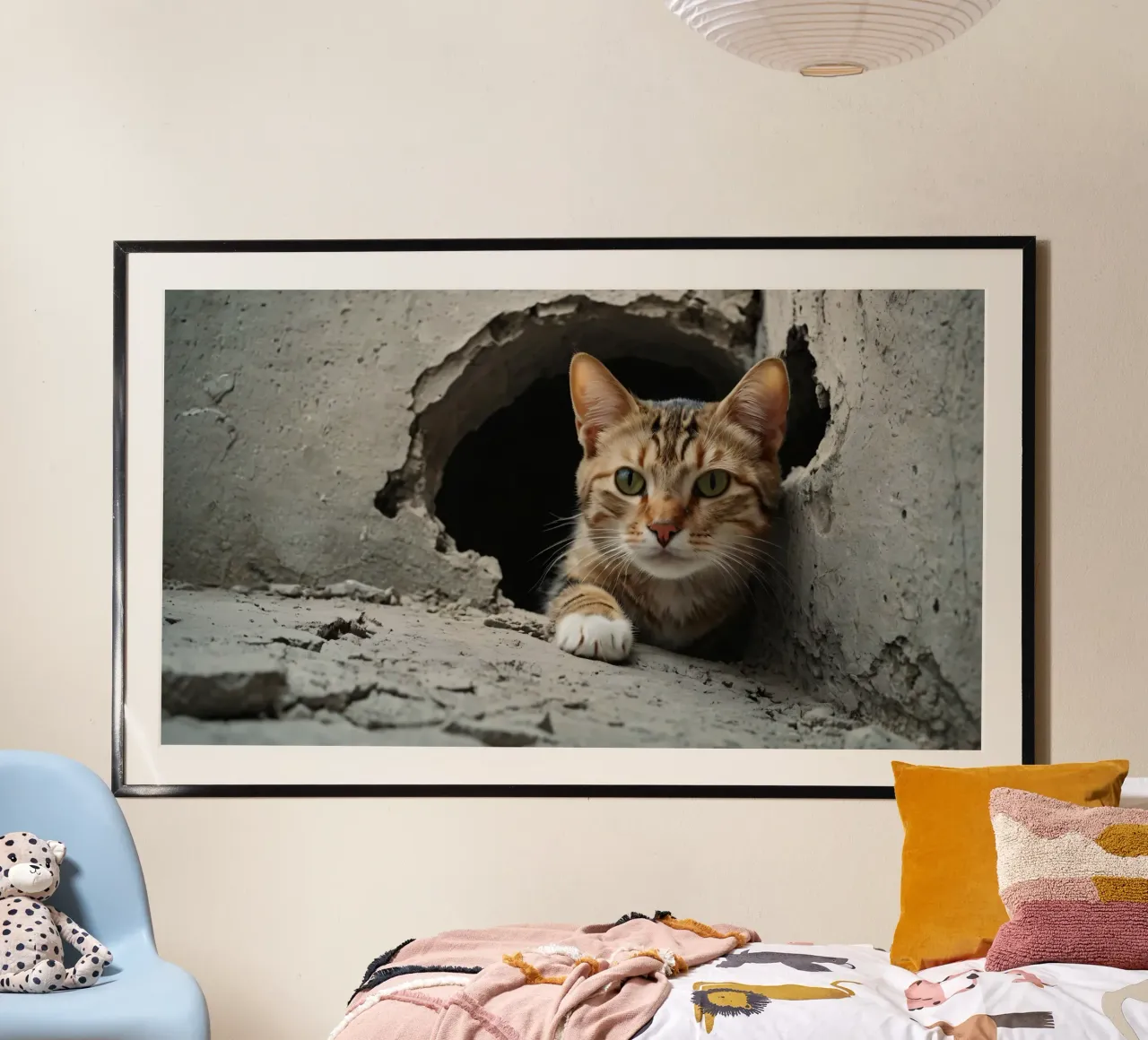 Un gatto curioso sbircia attraverso un buco nel calcestruzzo crepato poster da DesignDoodle