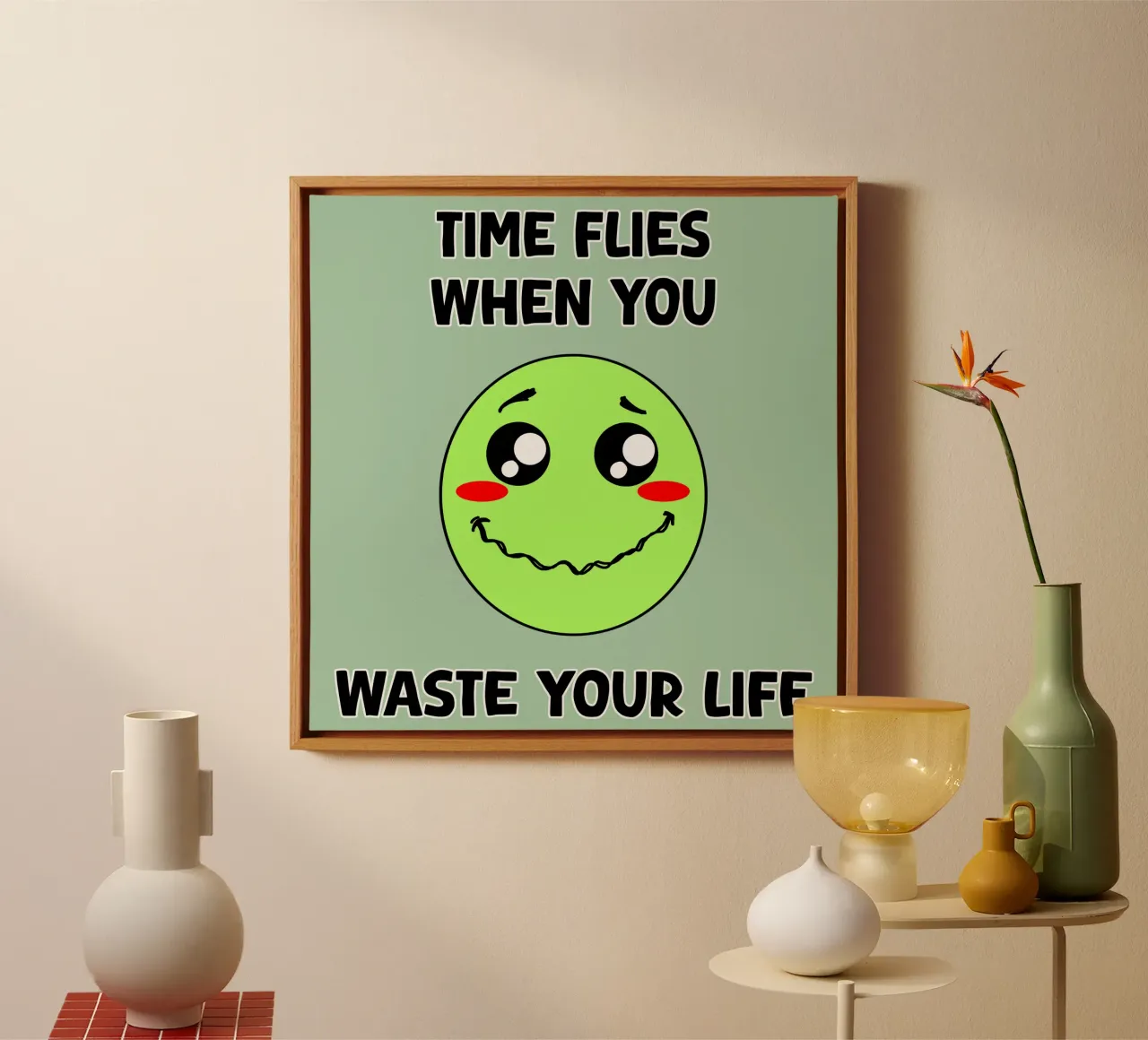 Grappig Sarcastisch Gezicht Donkere Humor Tijd vliegt Beeldverhaal canvas met Baklijst van sillyindustries