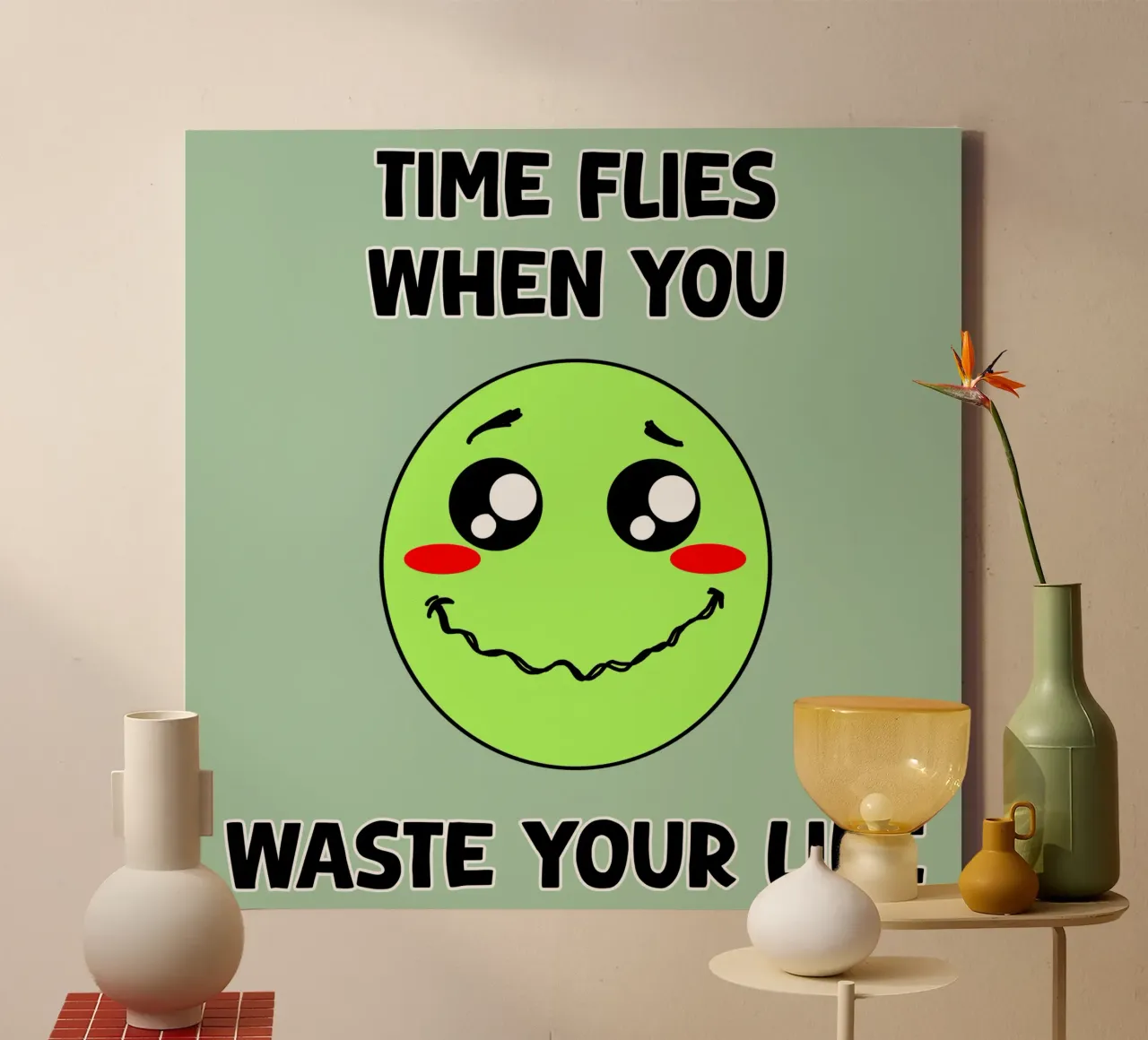 Grappig Sarcastisch Gezicht Donkere Humor Tijd vliegt Beeldverhaal canvas met Baklijst van sillyindustries