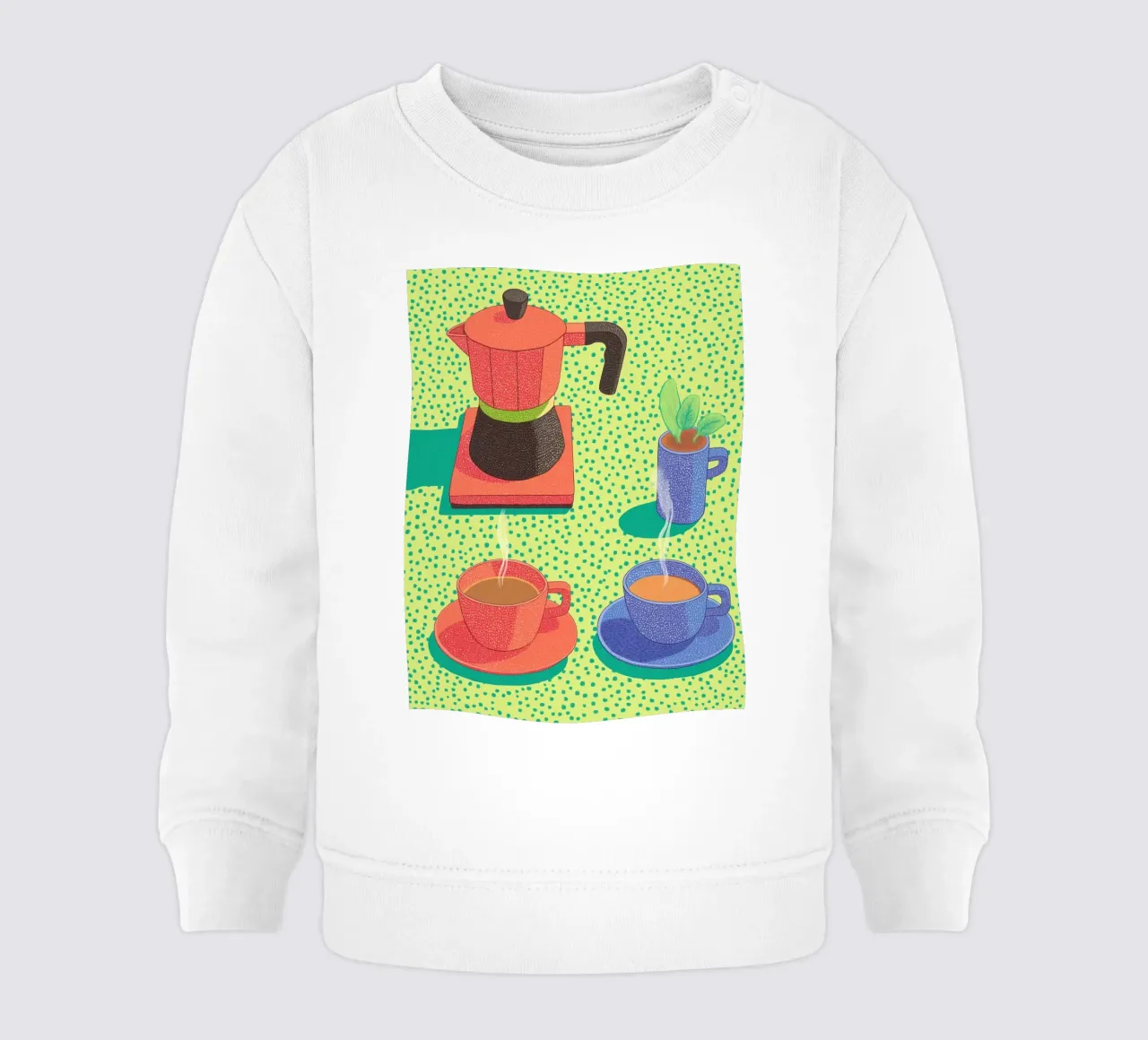 Caffè mattutino Pop Art: Tazze colorate e Moka Moment felpa neonato da Kaji