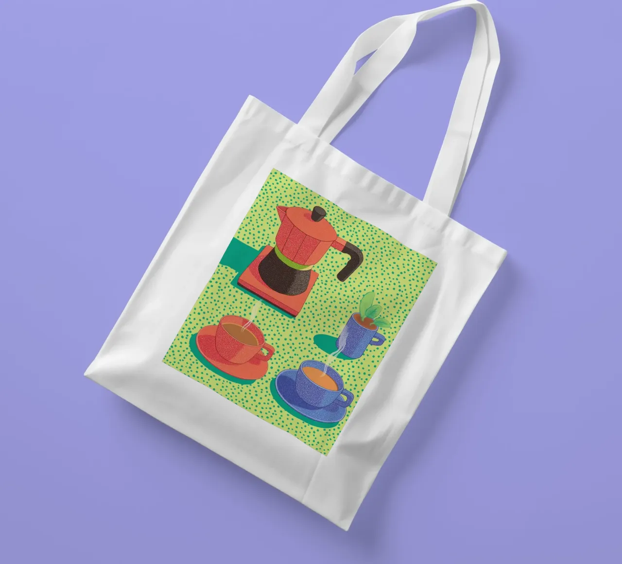 Caffè mattutino Pop Art: Tazze colorate e Moka Moment borsa in juta da Kaji