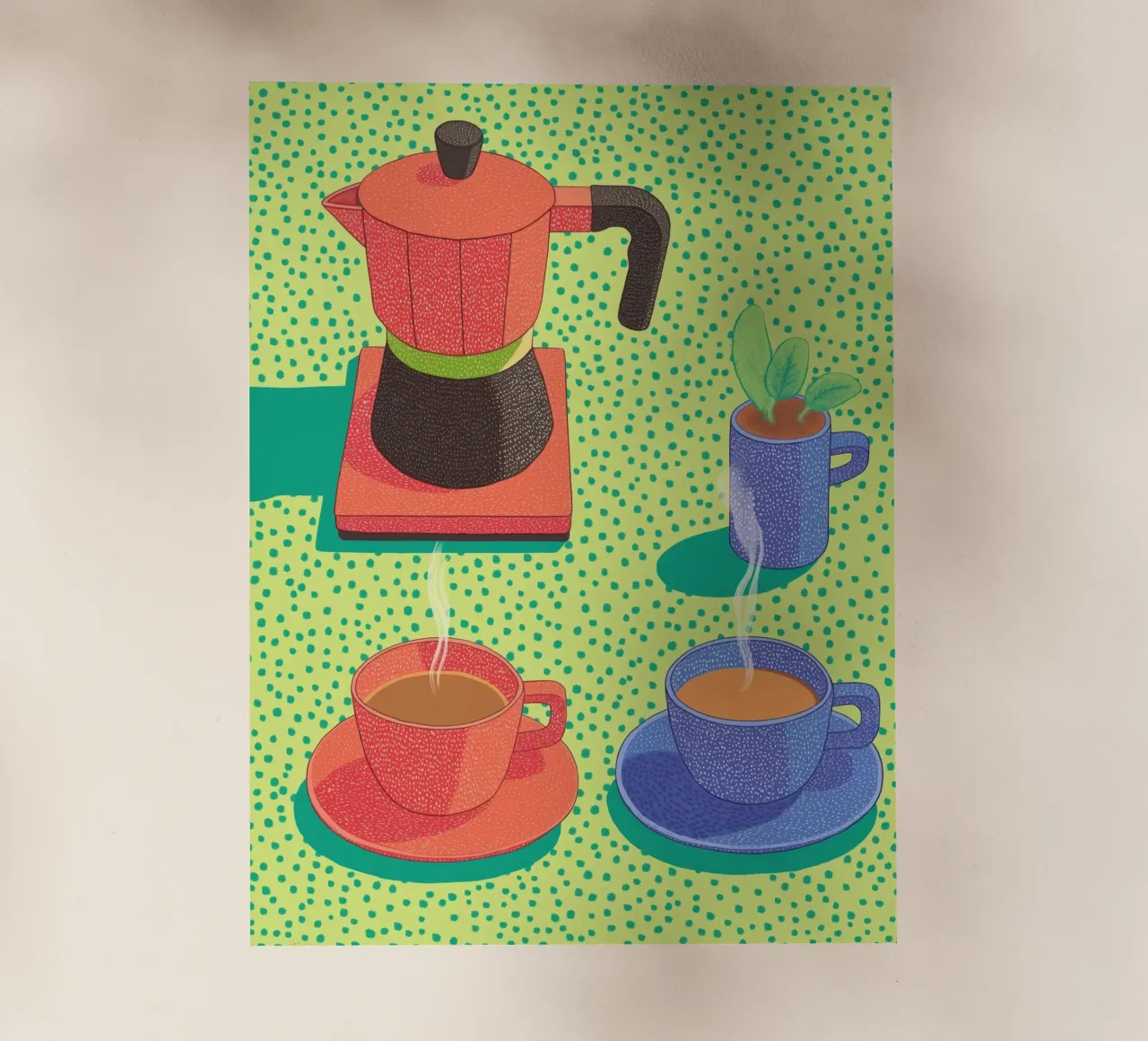 Caffè mattutino Pop Art: Tazze colorate e Moka Moment pellicola backlit da Kaji