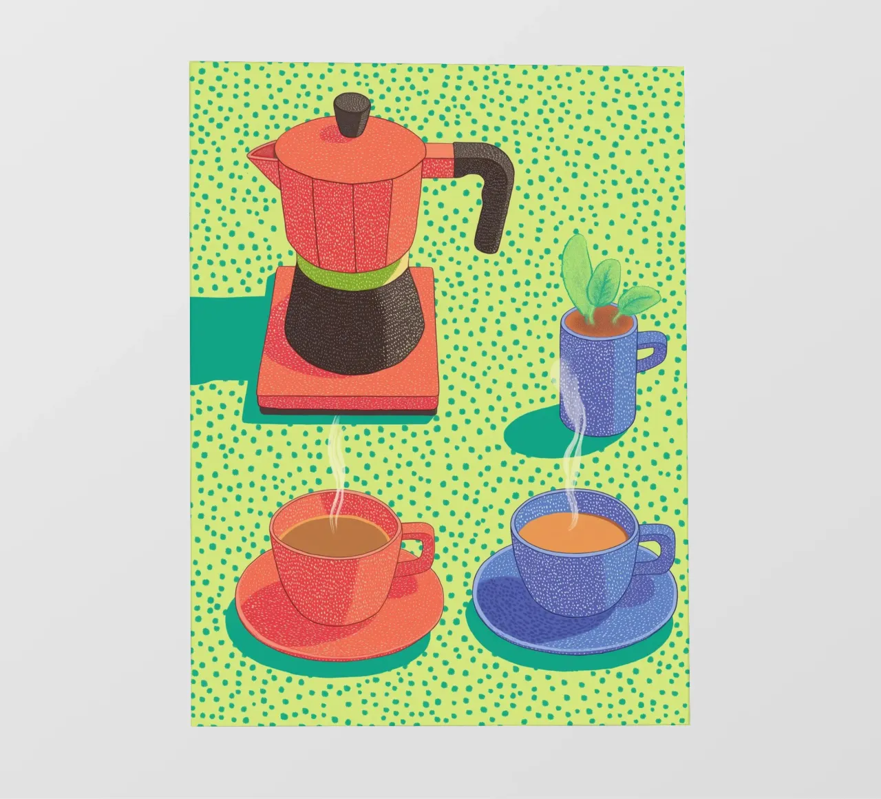 Caffè mattutino Pop Art: Tazze colorate e Moka Moment telo in pvc da Kaji