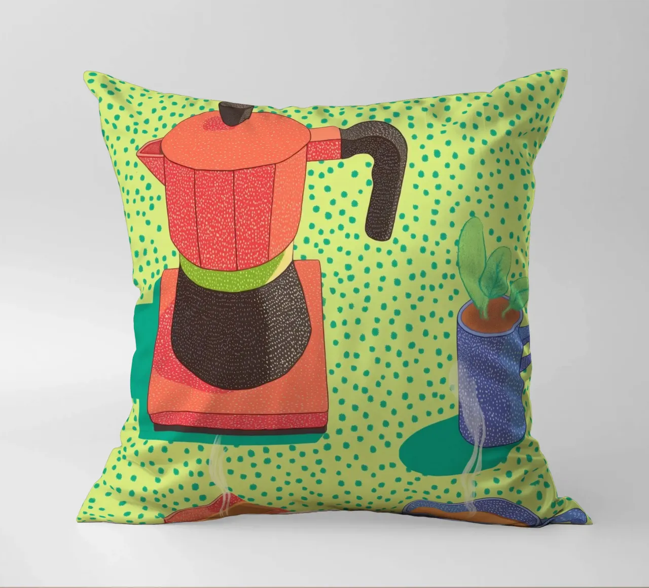 Caffè mattutino Pop Art: Tazze colorate e Moka Moment cuscino da Kaji