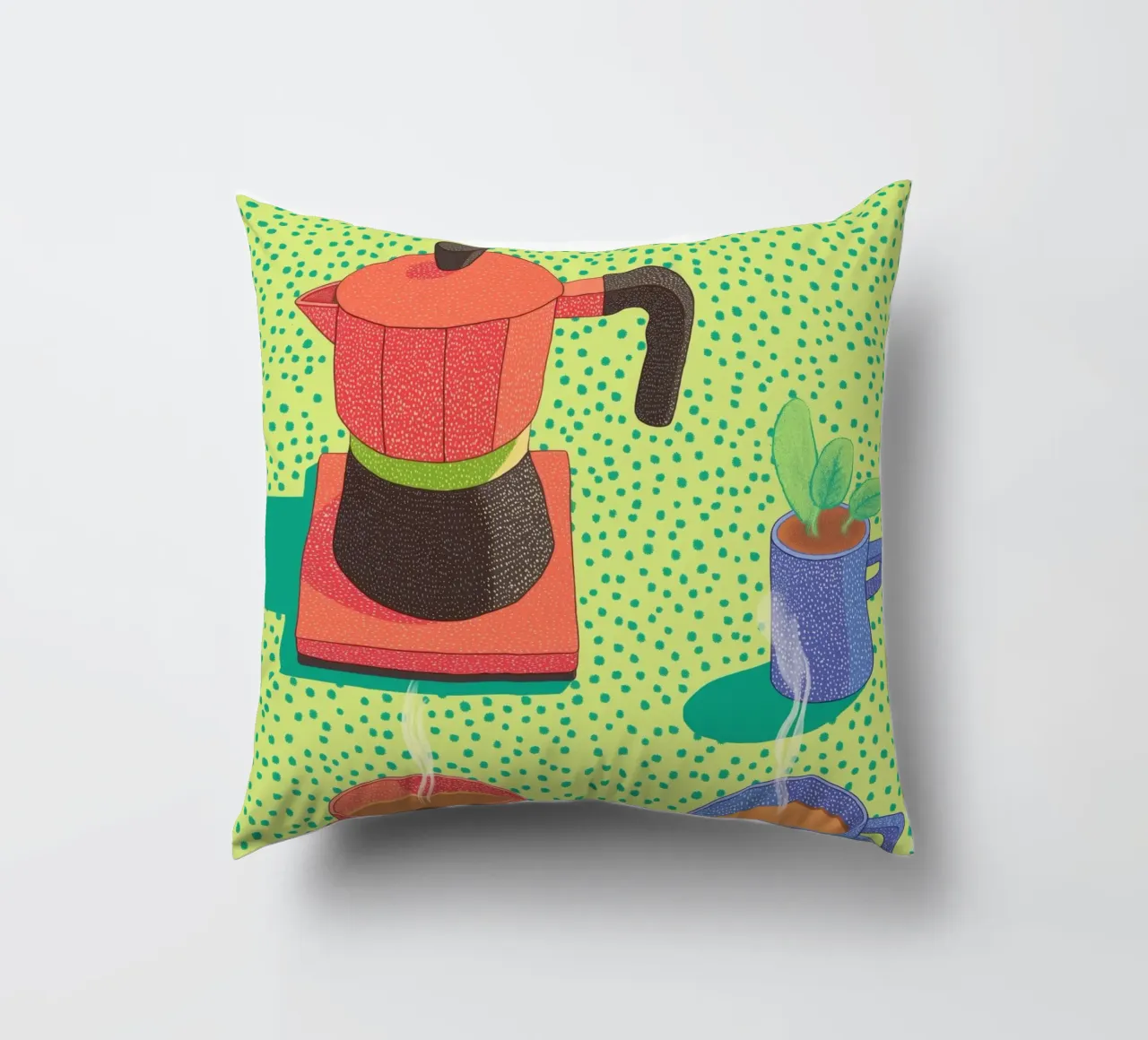 Caffè mattutino Pop Art: Tazze colorate e Moka Moment cuscino da Kaji