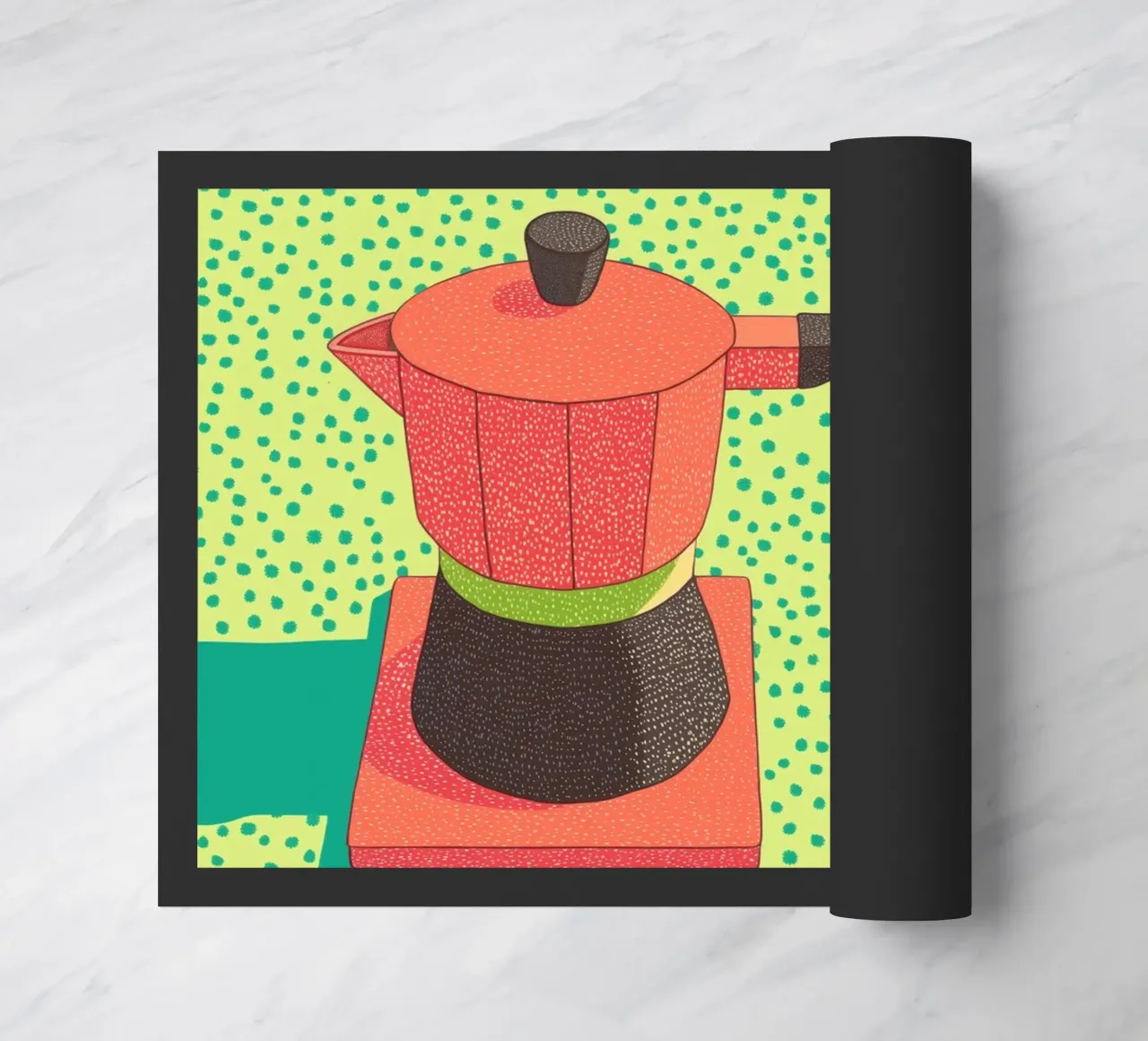 Caffè mattutino Pop Art: Tazze colorate e Moka Moment zerbino da Kaji