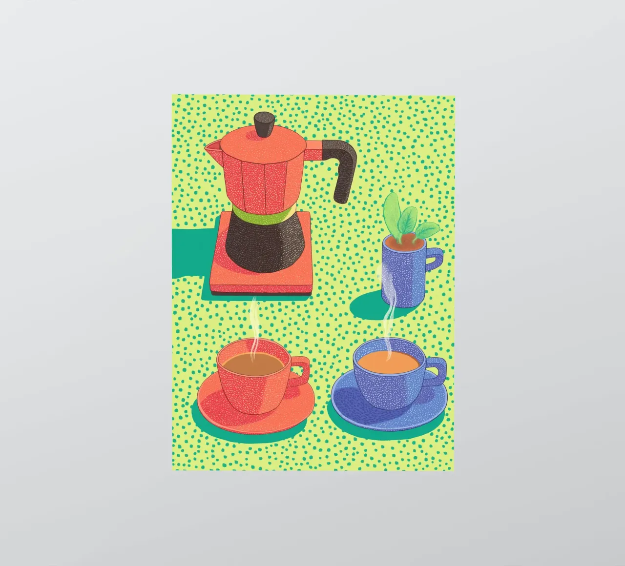 Café du matin Pop Art : Tasses colorées et Moment Moka autocollant de Kaji