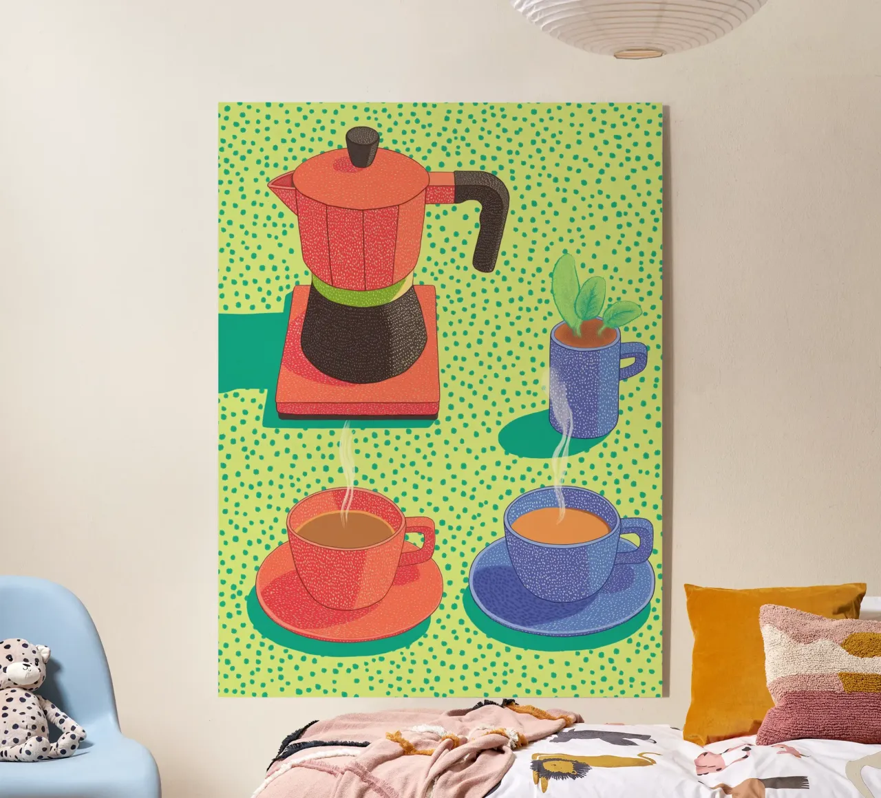 Caffè mattutino Pop Art: Tazze colorate e Moka Moment plexiglass da Kaji