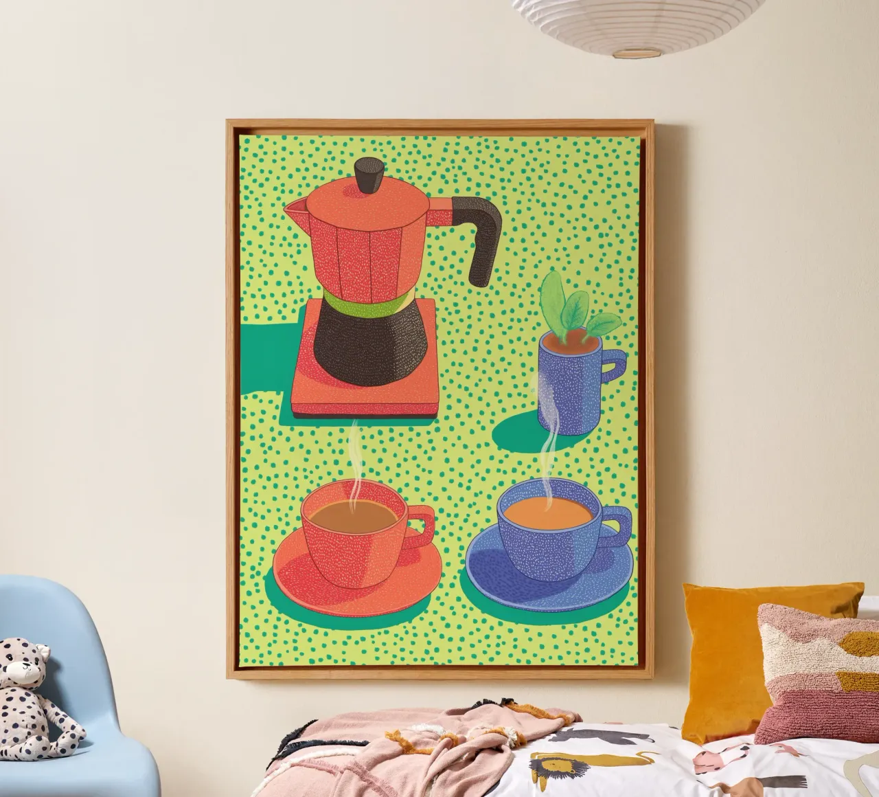 Caffè mattutino Pop Art: Tazze colorate e Moka Moment tela con Cornice a cassetta da Kaji