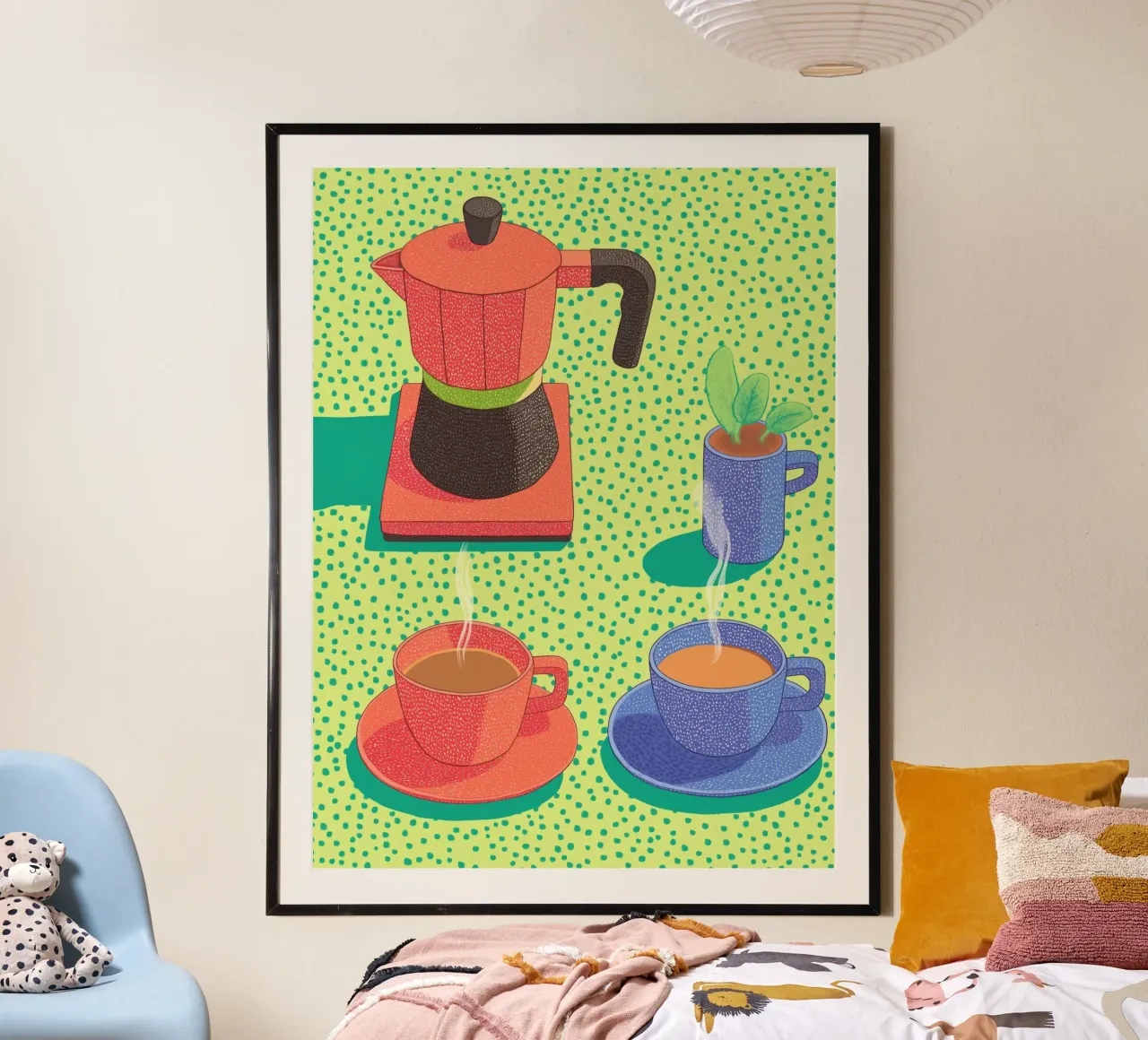 Caffè mattutino Pop Art: Tazze colorate e Moka Moment carta hahnemühle da Kaji