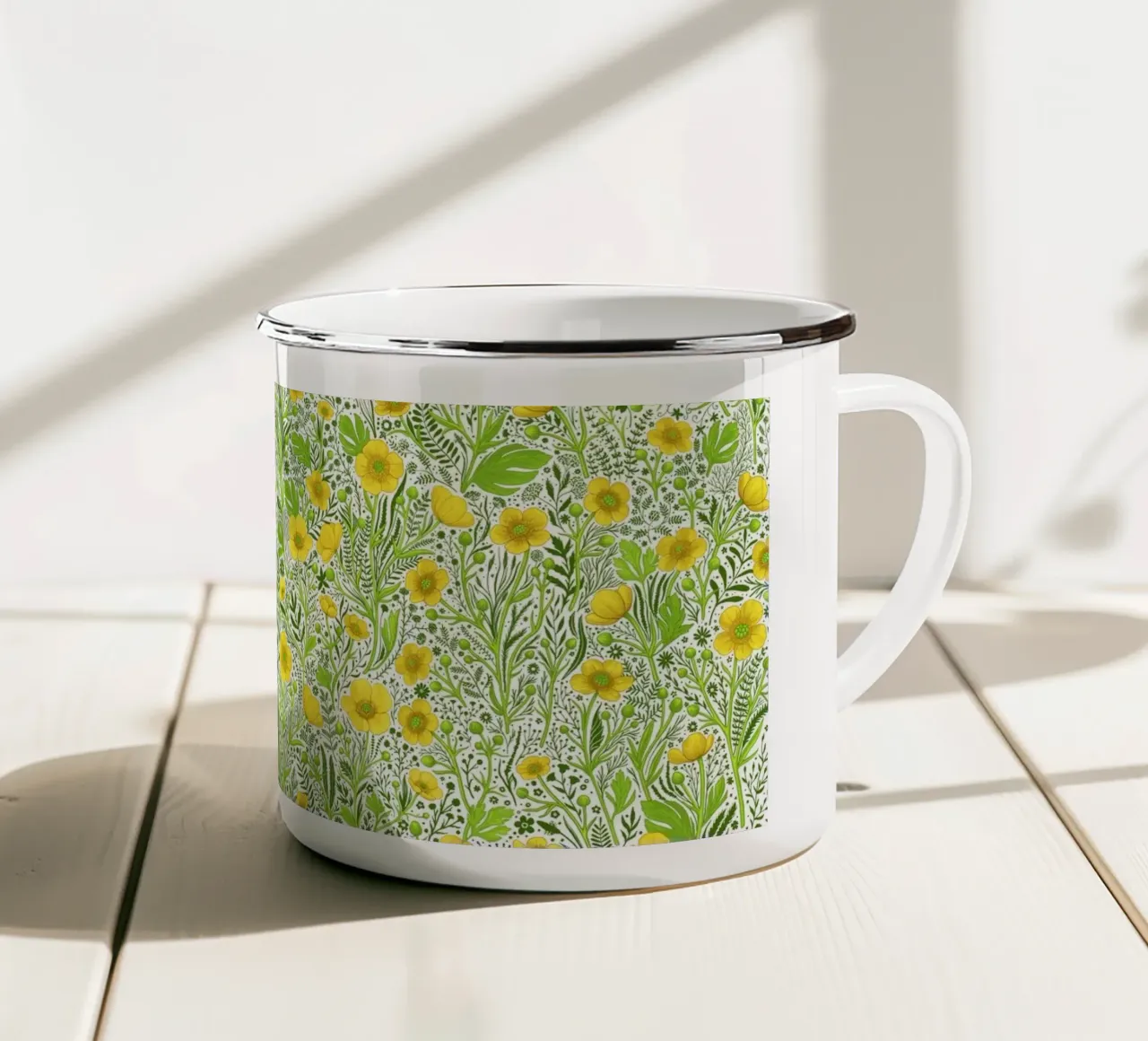 Ranuncoli su bianco tazza in smalto da Painted Nature