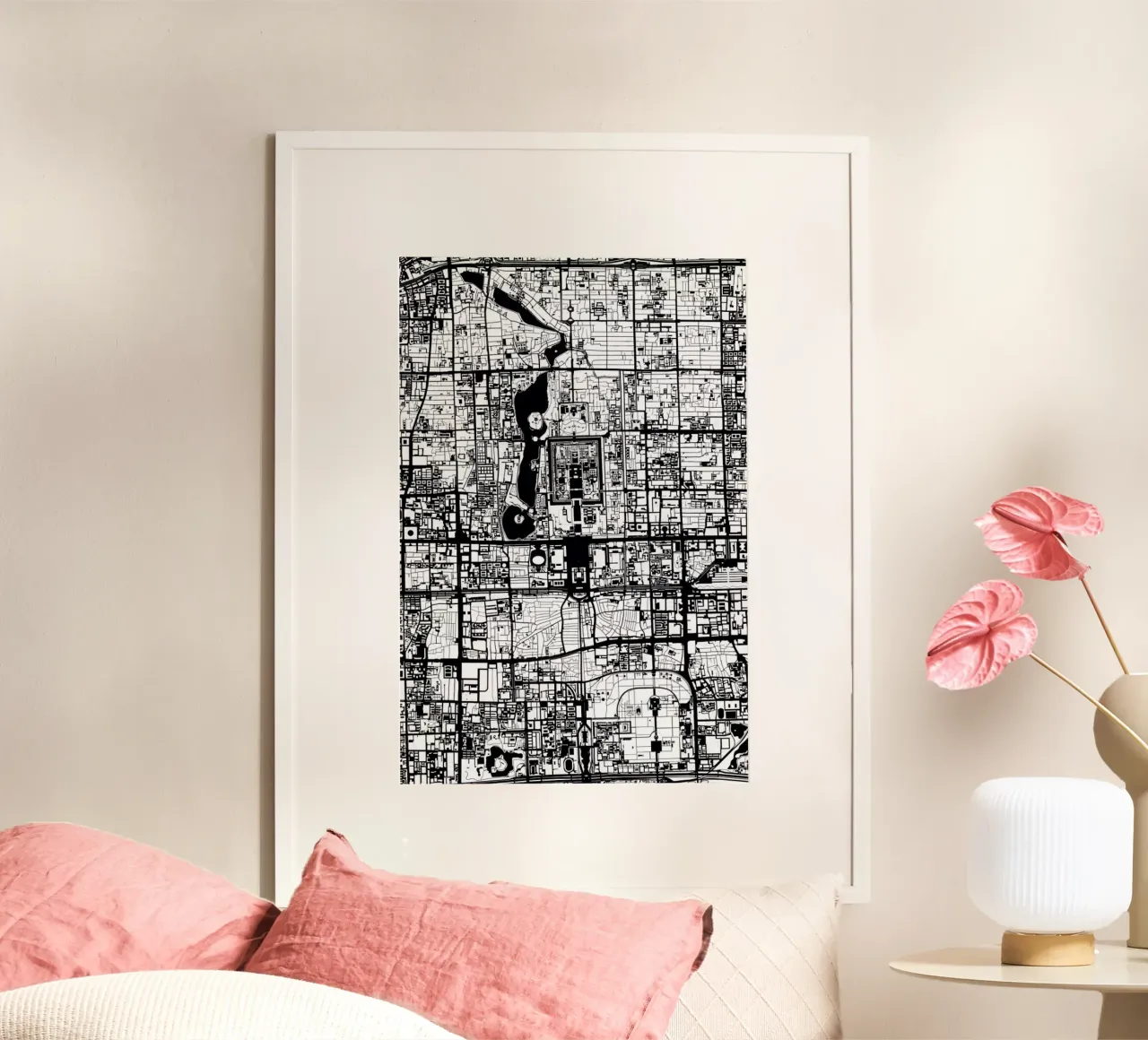 Beijing Black & White poster con telaio in legno da Planos Urbanos