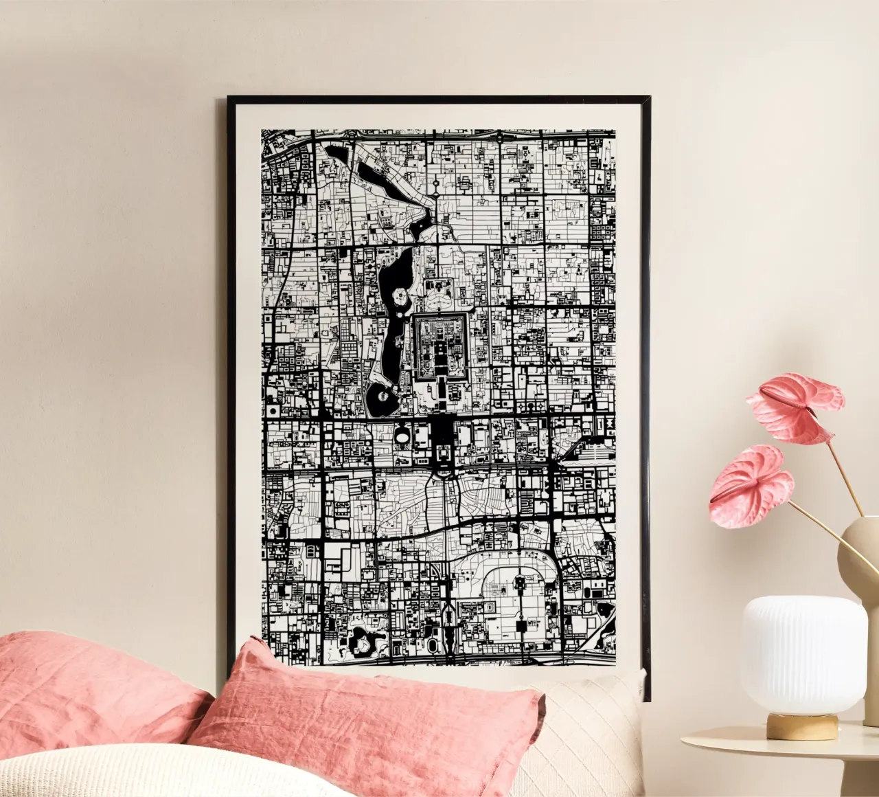 Beijing Black & White poster con telaio in legno da Planos Urbanos