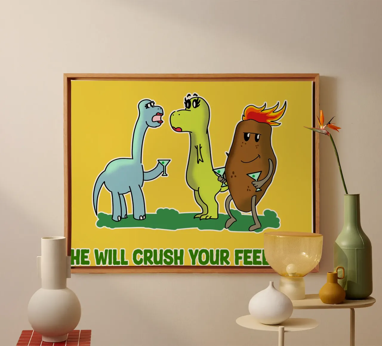 Dinosaur Feelings Funny Dino Couple Sarcasm Cartoon canvas with Floater frame by sillyindustries