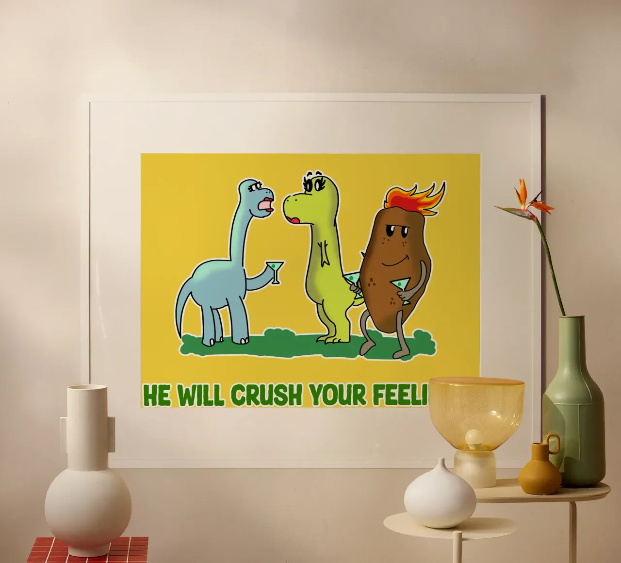 Sentimenti di dinosauro Divertente coppia di dinosauri Cartone animato sarcasmo poster con telaio in legno da sillyindustries