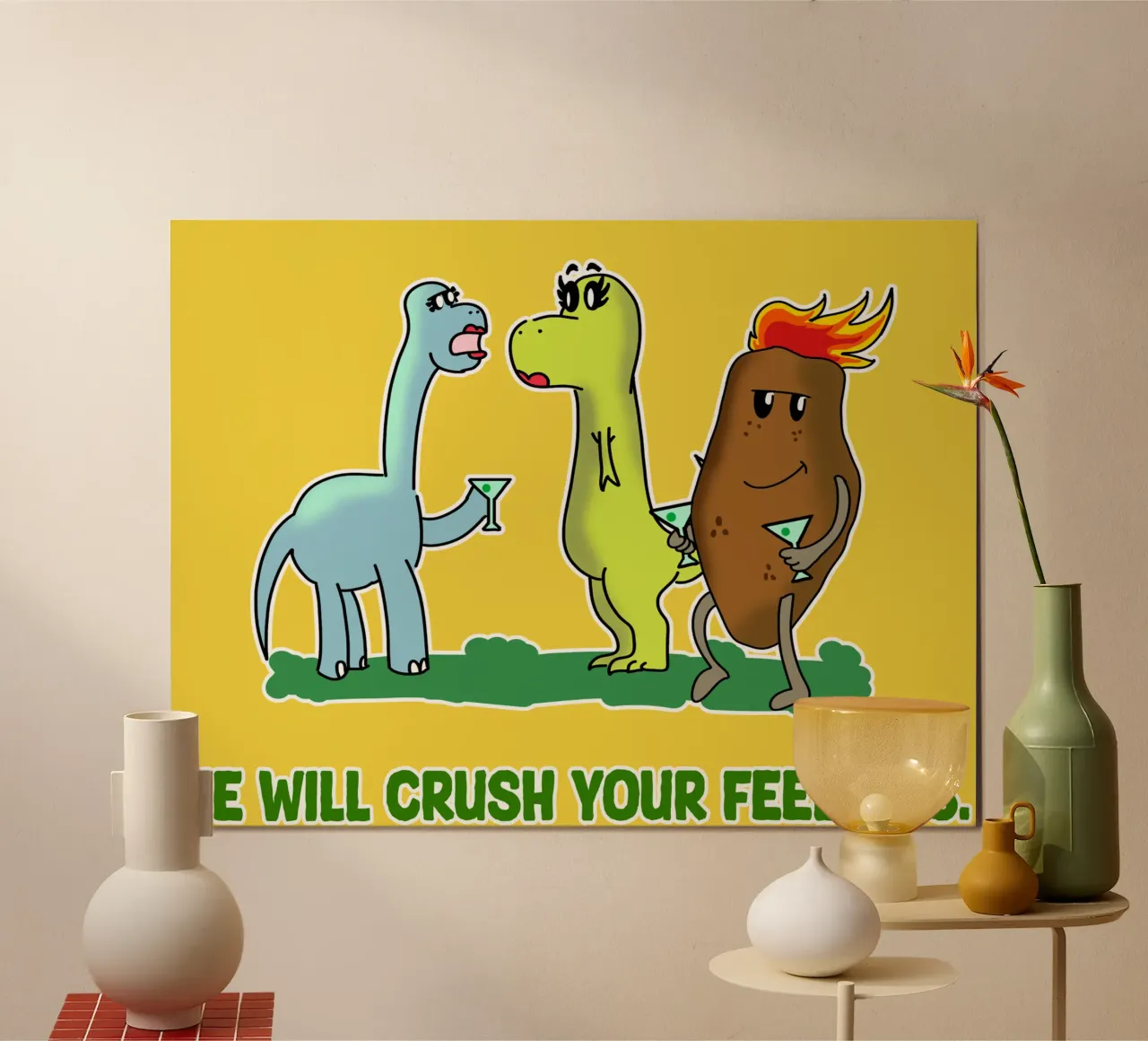 Sentimenti di dinosauro Divertente coppia di dinosauri Cartone animato sarcasmo poster con telaio in legno da sillyindustries