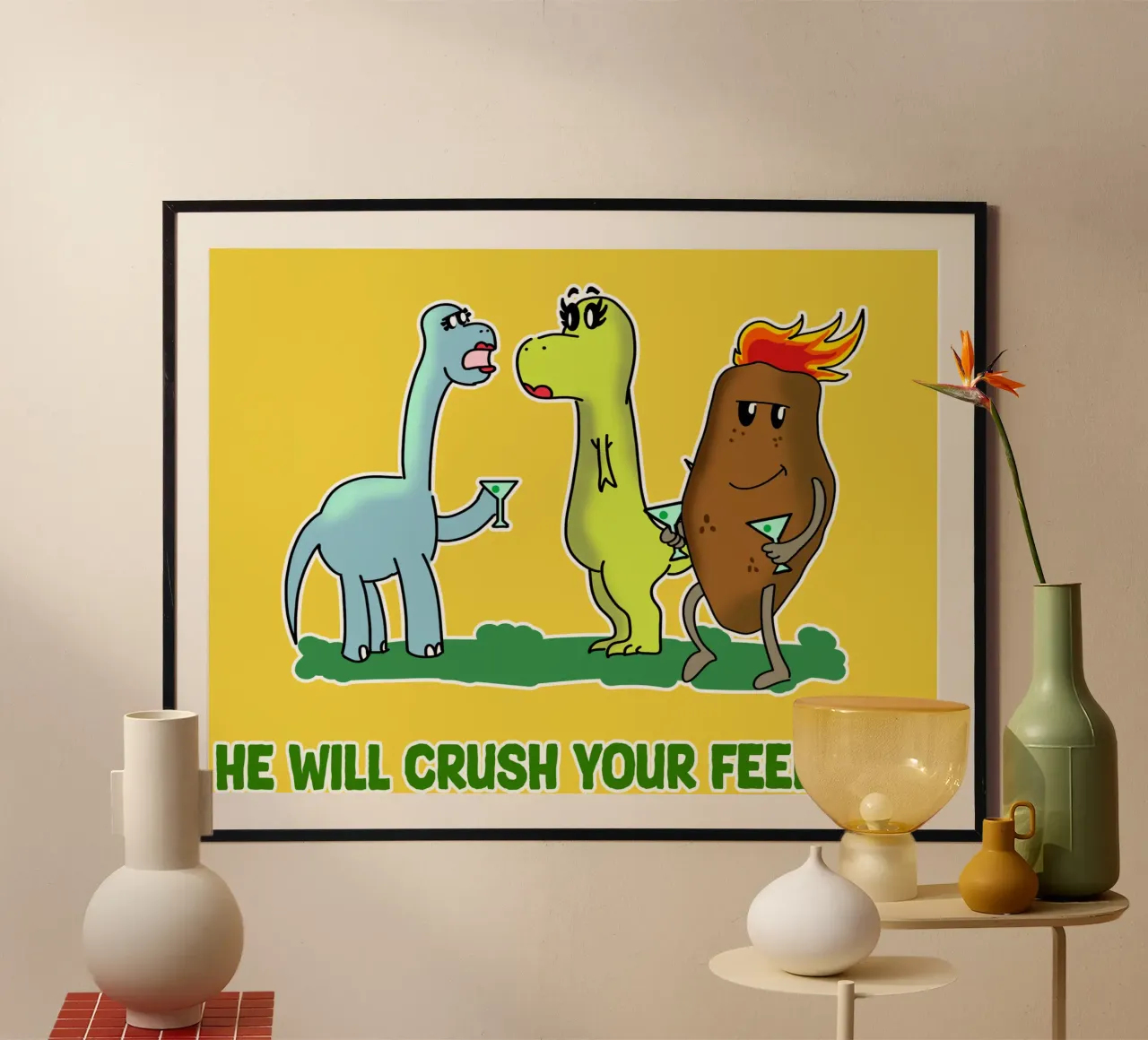 Sentimenti di dinosauro Divertente coppia di dinosauri Cartone animato sarcasmo poster con telaio in legno da sillyindustries