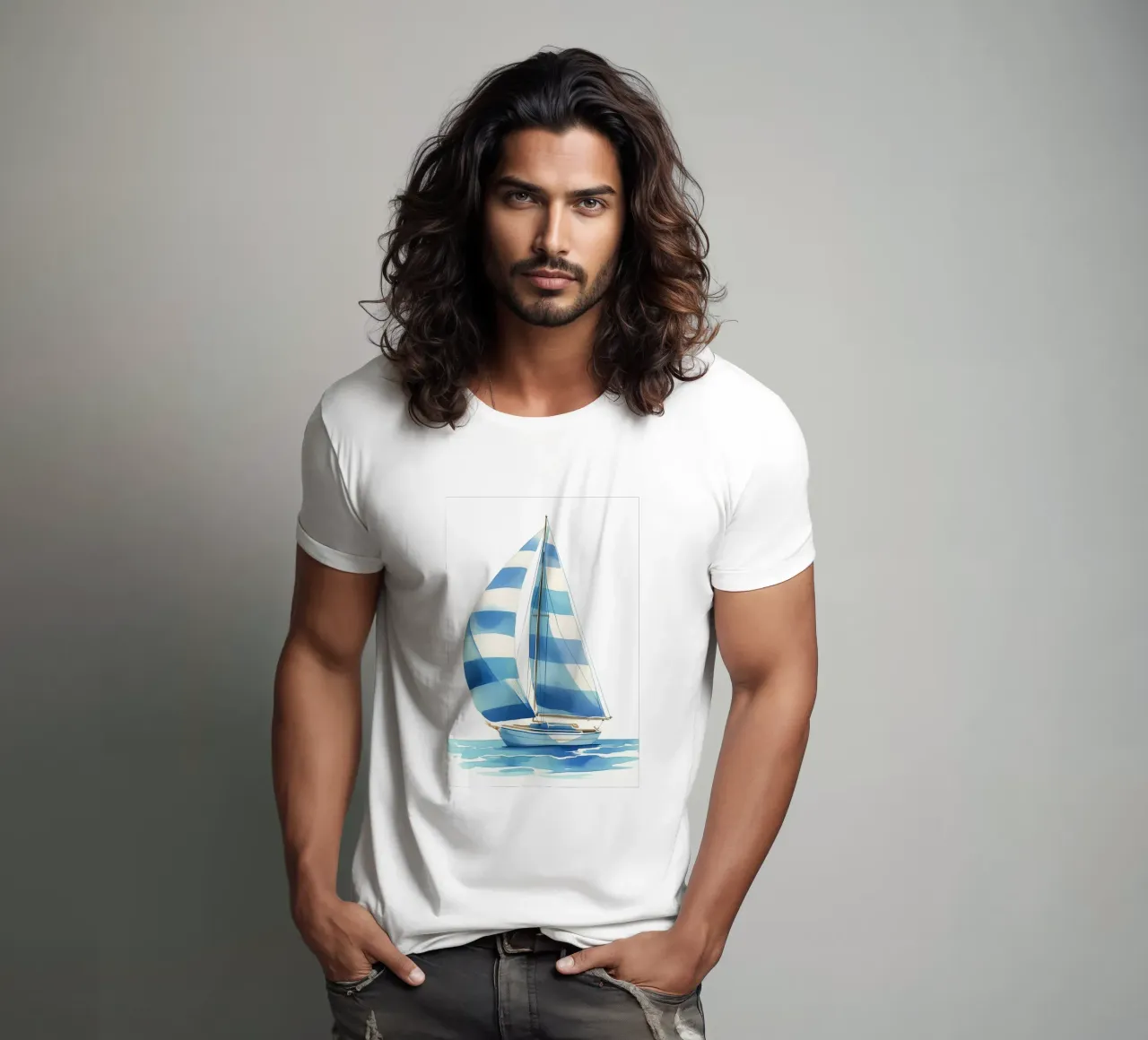 Blue stripe sailboat t-shirt by Carinaprint