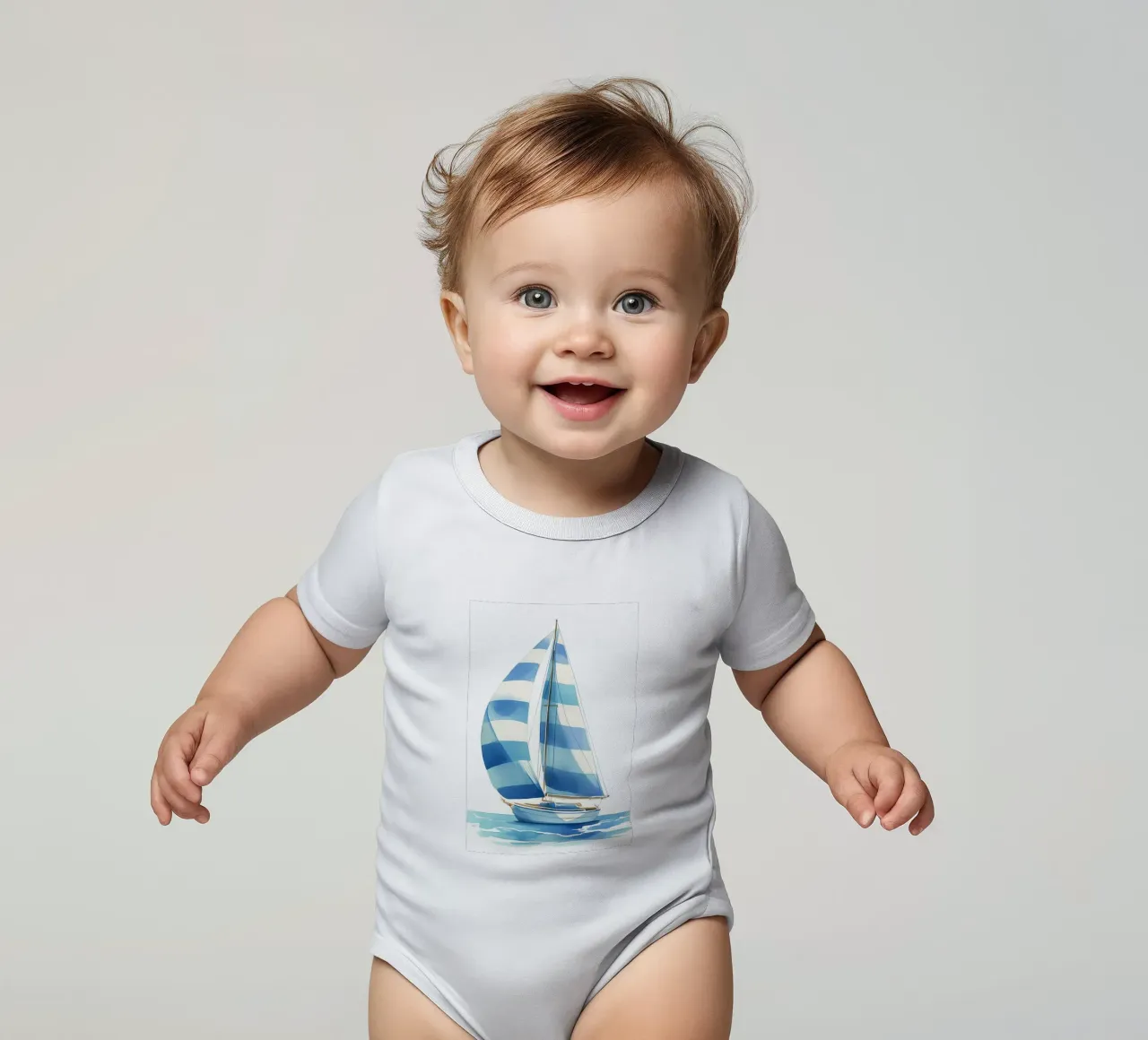Blue stripe sailboat short-sleeve baby romper by Carinaprint
