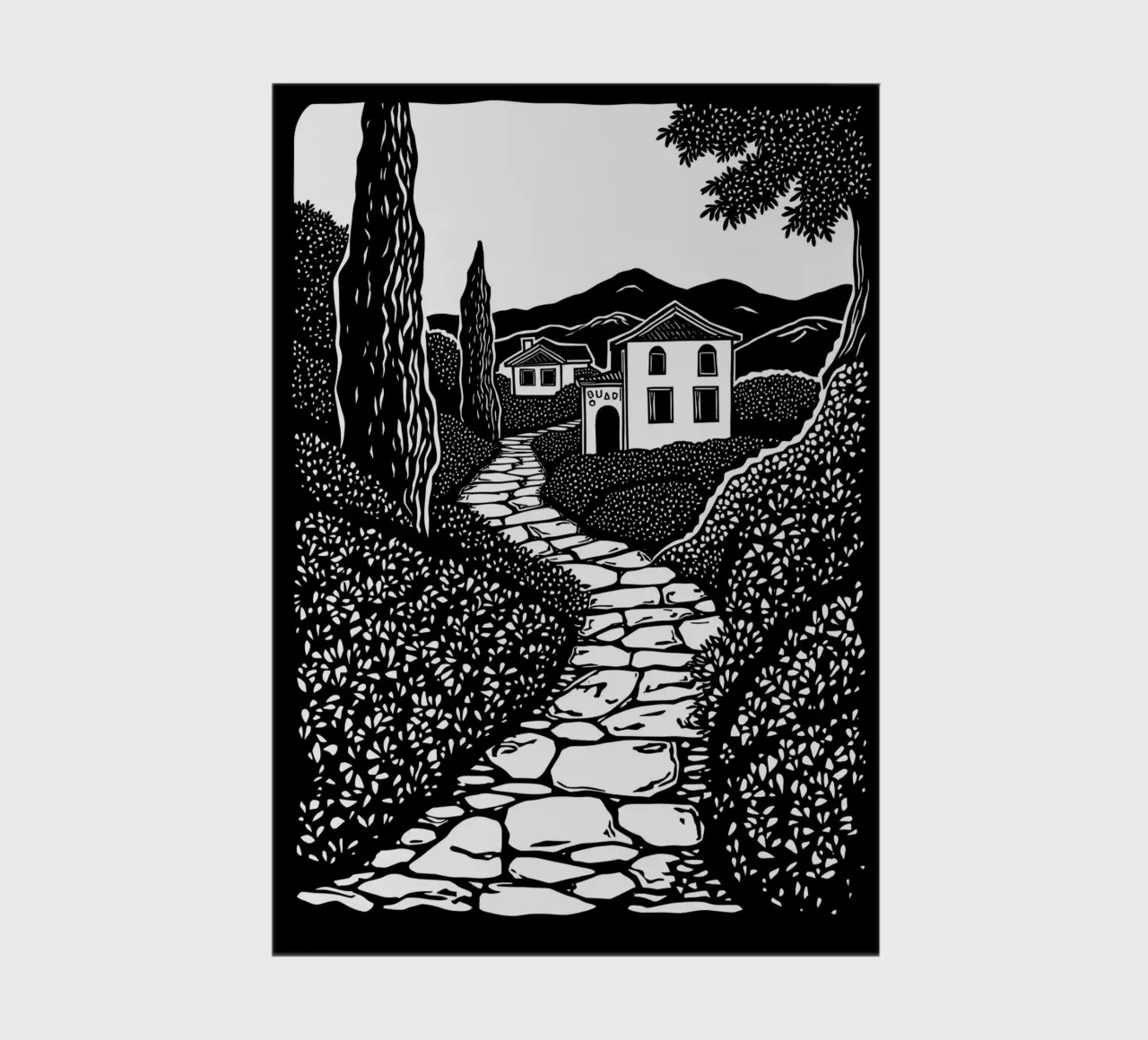 Tuscany Countryside Linocut Art – Rustic Italian Landscape notebook by Indigo Rain